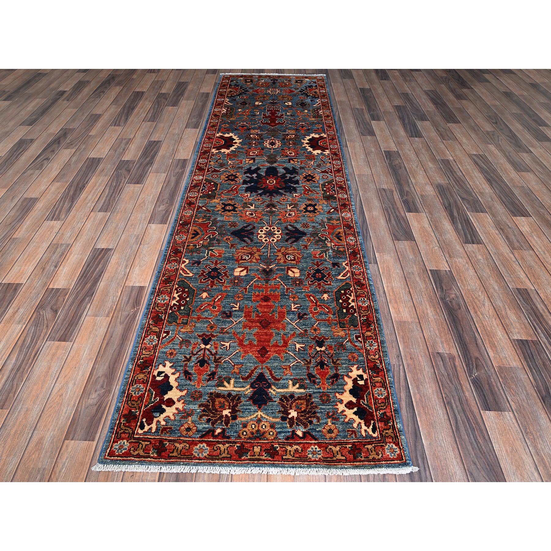 2'10"x9'10" Aegean Blue, Heriz All Over Design, Aryana Collection, Vegetable Dyes, Hand Knotted, Soft Pile, High Mountain Wool, Densely Woven, Runner, Oriental Rug Sh1118