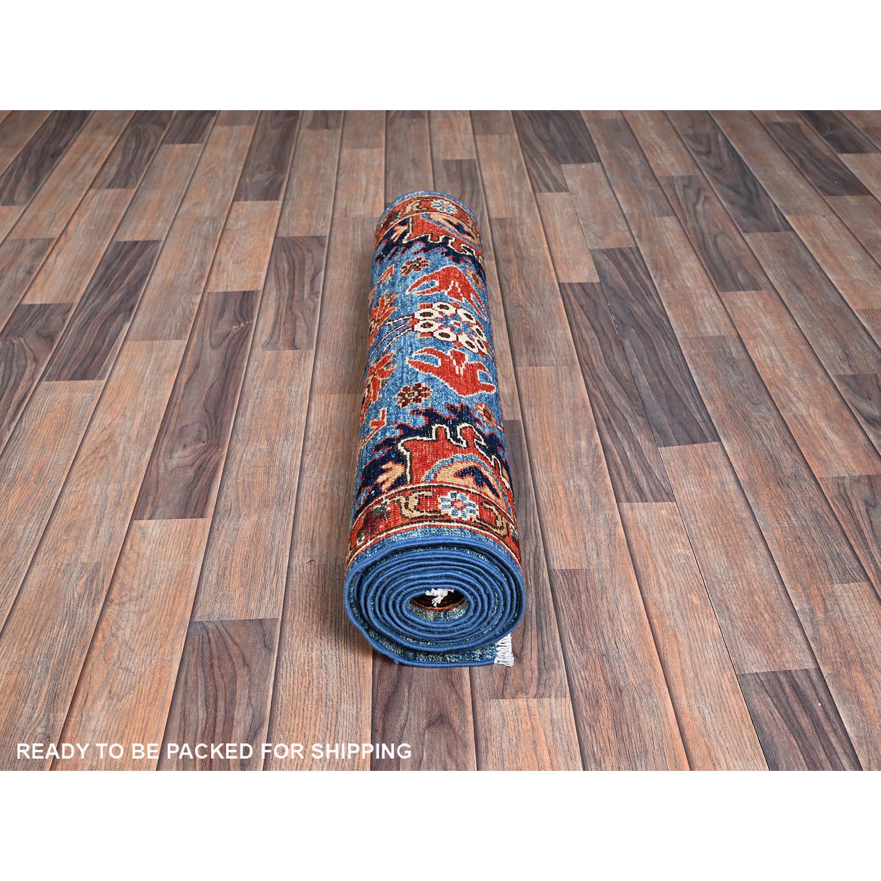 2'10"x9'10" Aegean Blue, Heriz All Over Design, Aryana Collection, Vegetable Dyes, Hand Knotted, Soft Pile, High Mountain Wool, Densely Woven, Runner, Oriental Rug Sh1118