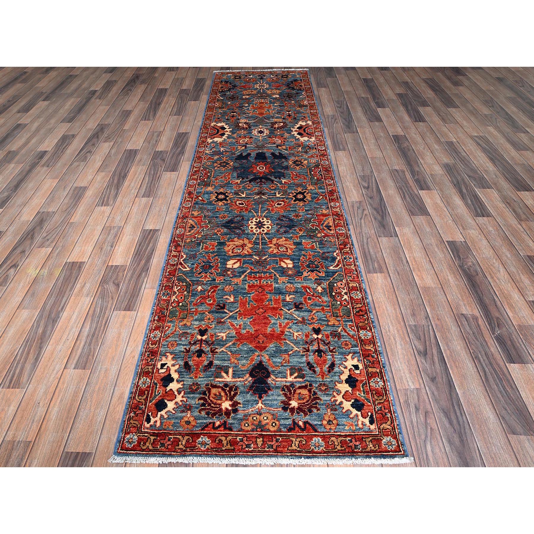 2'9"x10'1" Imperial Blue, Heriz All Over Design, Aryana Collection, Vegetable Dyes, Soft Pile, High Mountain Wool, Hand Knotted, Densely Woven, Runner, Oriental Rug Sh1119