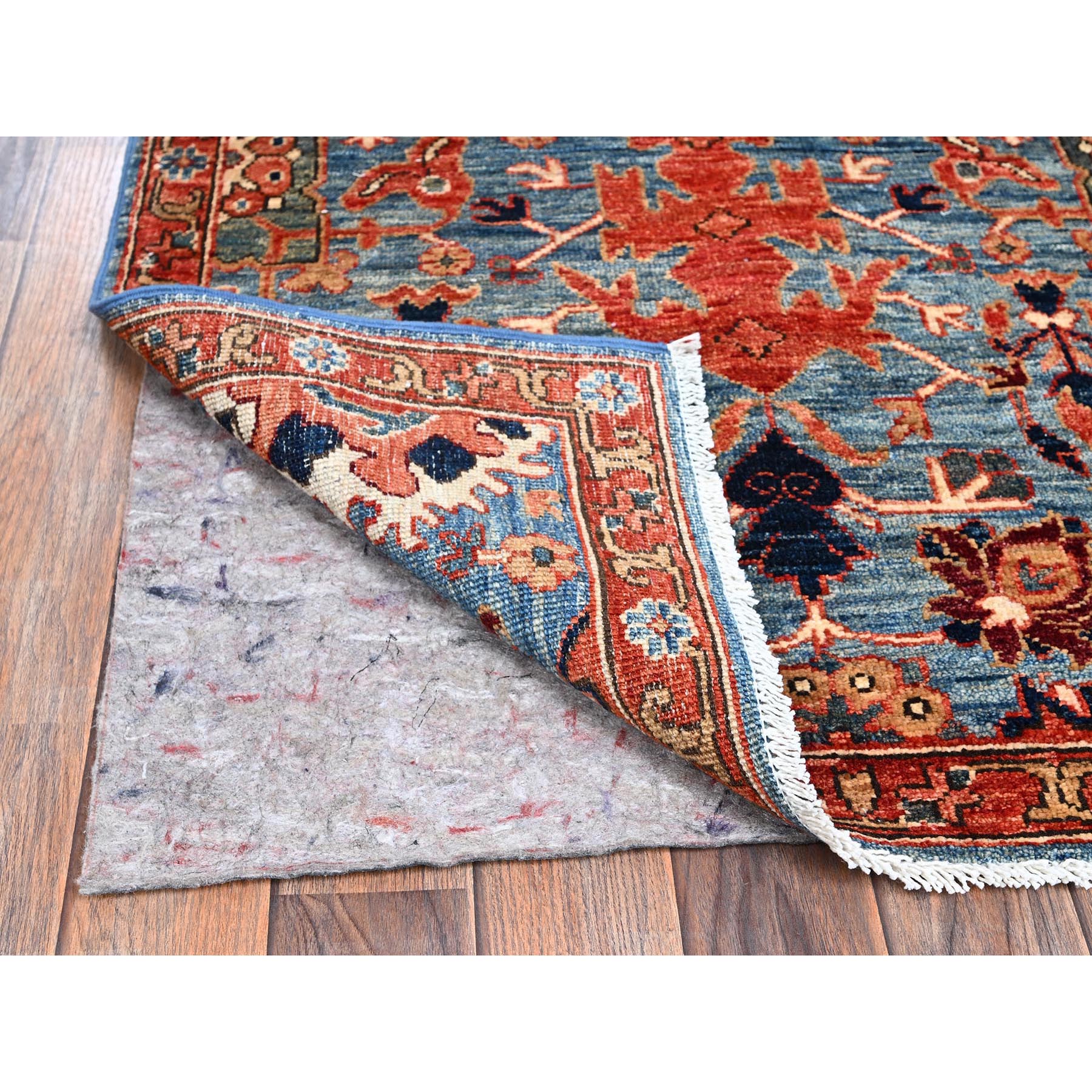 2'9"x10'1" Imperial Blue, Heriz All Over Design, Aryana Collection, Vegetable Dyes, Soft Pile, High Mountain Wool, Hand Knotted, Densely Woven, Runner, Oriental Rug Sh1119
