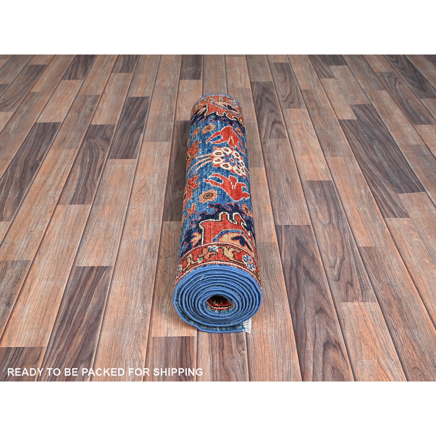 2'9"x10'1" Imperial Blue, Heriz All Over Design, Aryana Collection, Vegetable Dyes, Soft Pile, High Mountain Wool, Hand Knotted, Densely Woven, Runner, Oriental Rug Sh1119