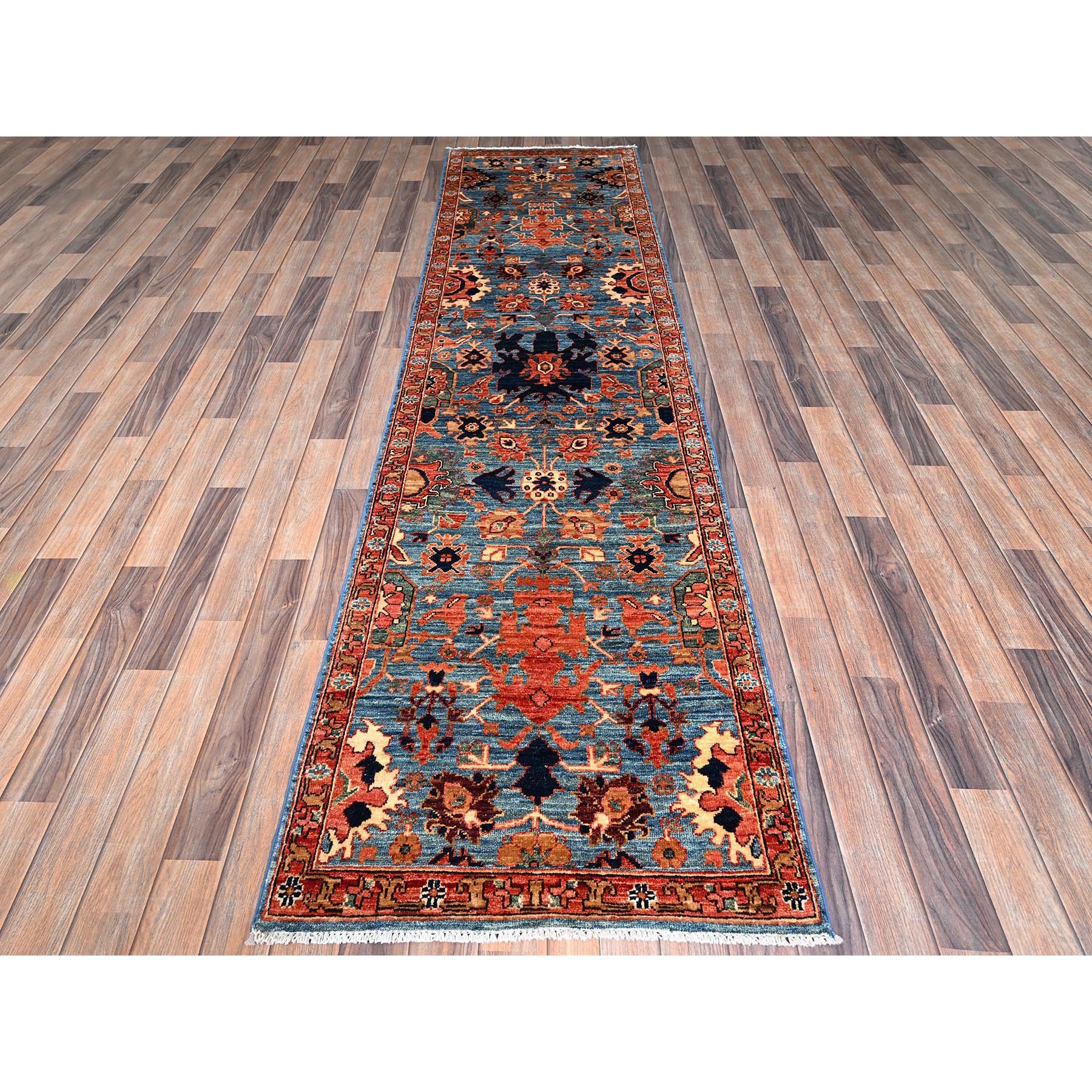 2'7"x9'9" Bayern Blue, Heriz All Over Design, Aryana Grade, Vegetable Dyes, Soft Pile, High Mountain Wool, Hand Knotted, Densely Woven, Runner, Oriental Rug Sh1120