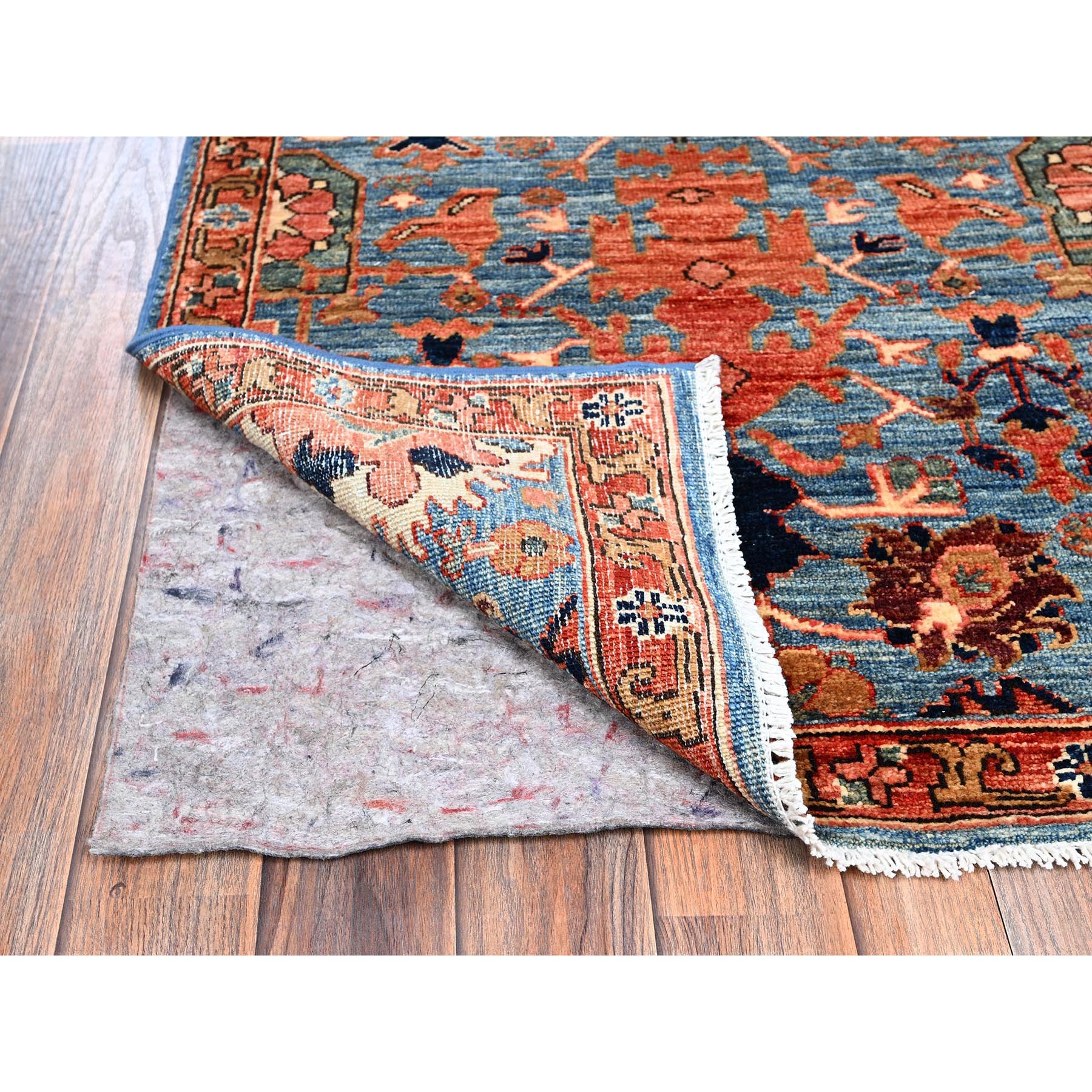 2'7"x9'9" Bayern Blue, Heriz All Over Design, Aryana Grade, Vegetable Dyes, Soft Pile, High Mountain Wool, Hand Knotted, Densely Woven, Runner, Oriental Rug Sh1120