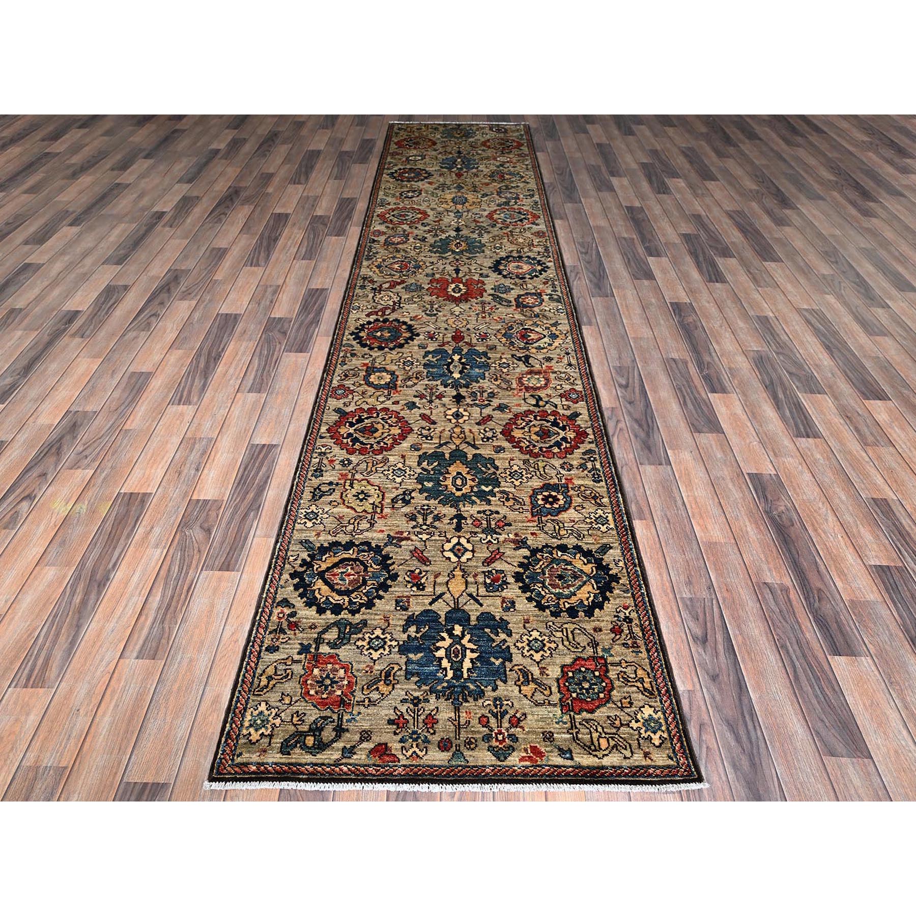 3'x13'10" Tan Brown, Northwest Persian All Over Design, Aryana Grade, Vegetable Dyes, Soft Pile, High Mountain Wool, Hand Knotted, Densely Woven, Runner, Oriental Rug Sh1122