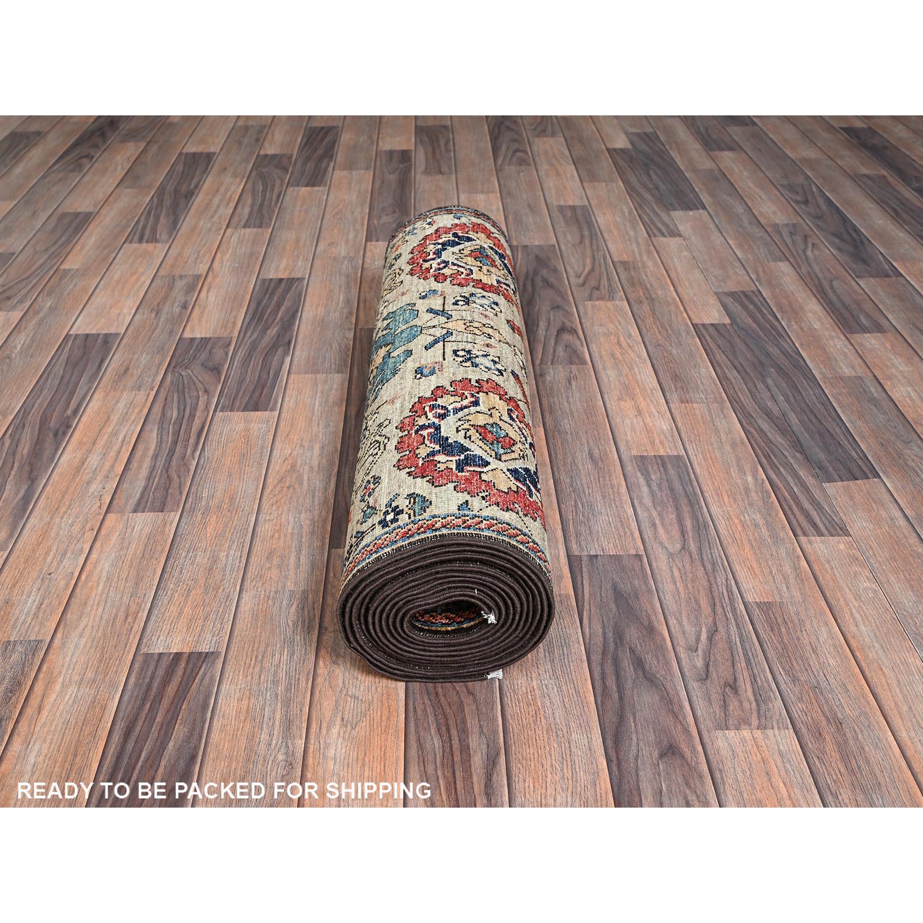 3'x13'10" Tan Brown, Northwest Persian All Over Design, Aryana Grade, Vegetable Dyes, Soft Pile, High Mountain Wool, Hand Knotted, Densely Woven, Runner, Oriental Rug Sh1122