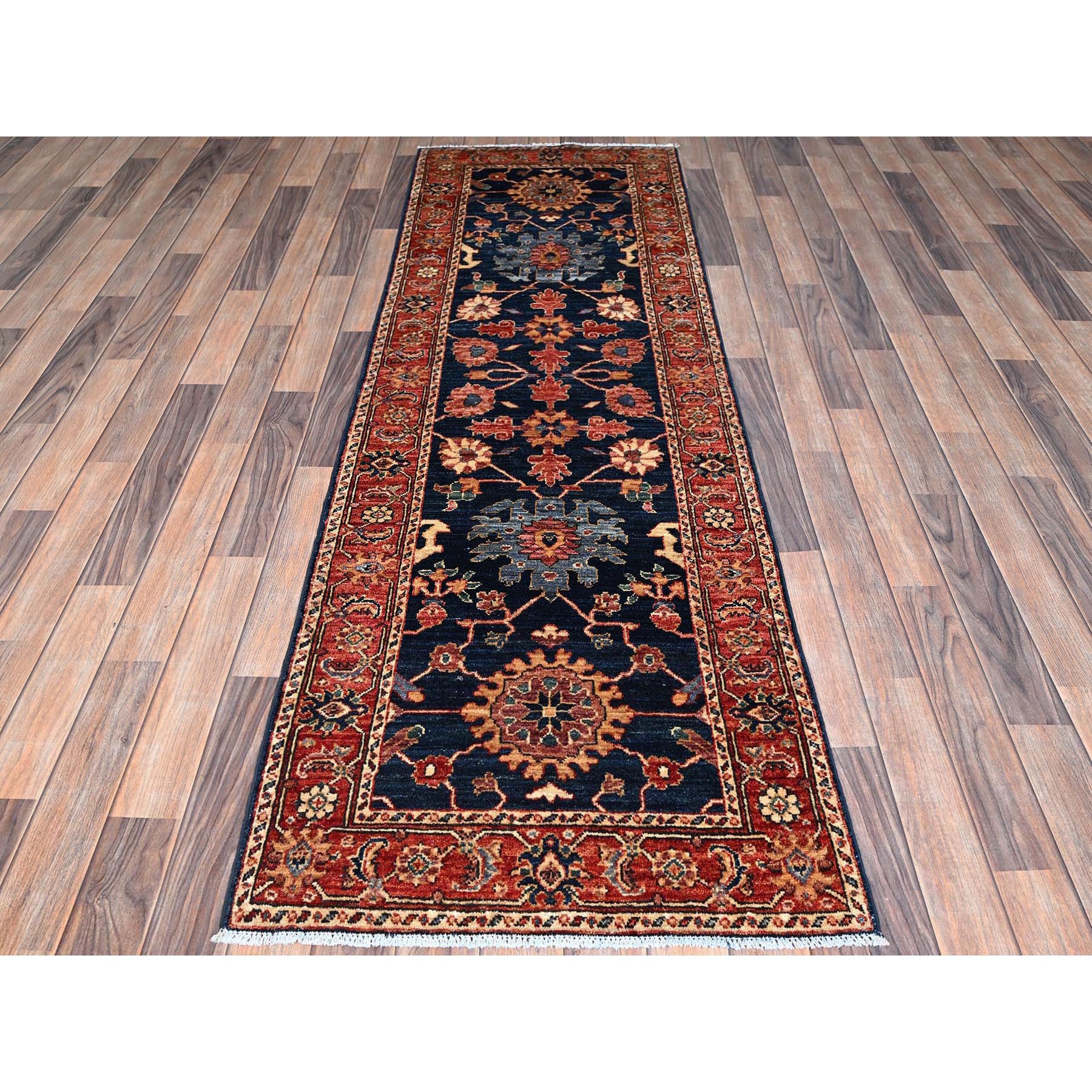 2'6"x7'10" Midnight Blue, Heriz All Over Design, Aryana Collection, Vegetable Dyes, Hand Knotted, Soft Pile, High Mountain Wool, Densely Woven, Runner, Oriental Rug Sh1128