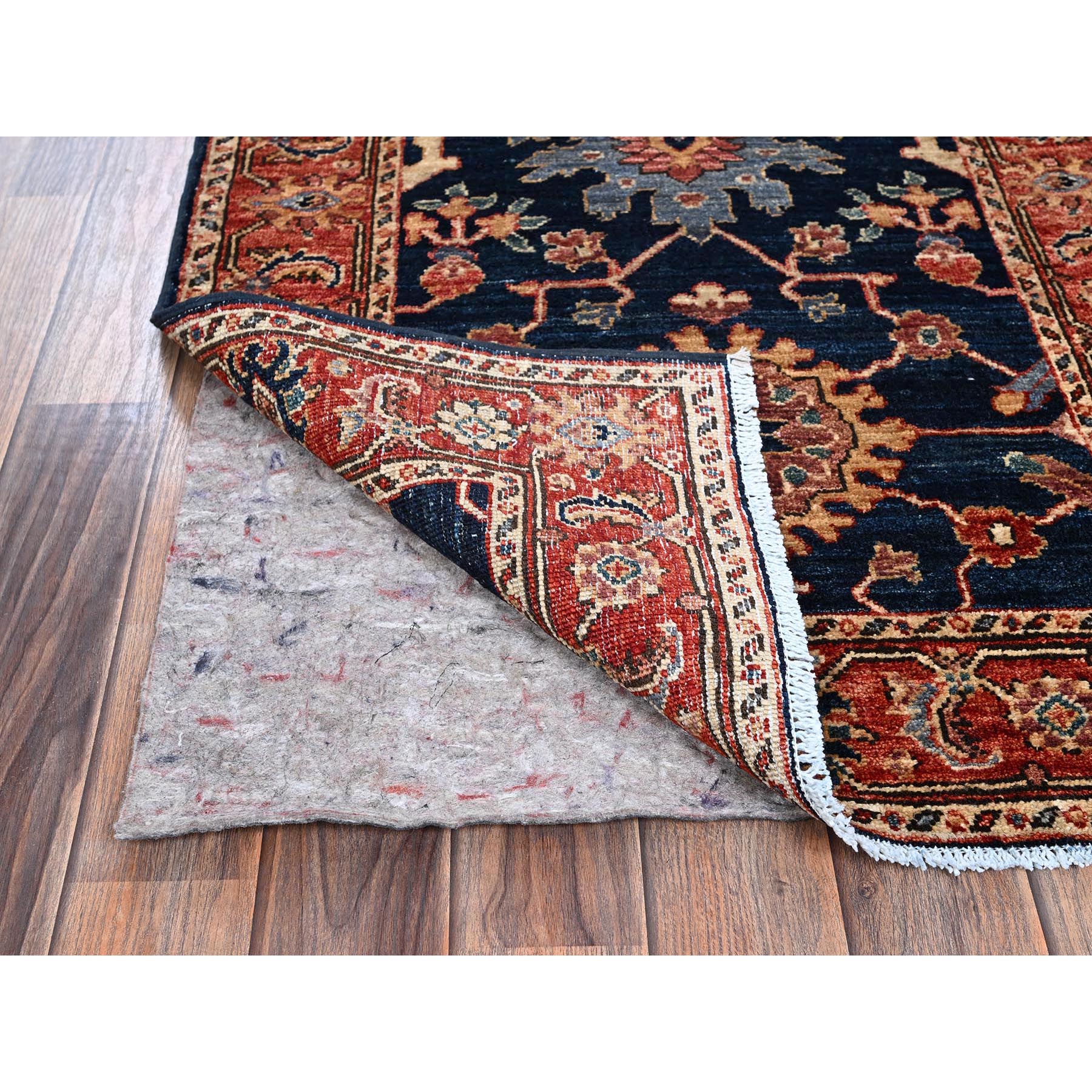 2'6"x7'10" Midnight Blue, Heriz All Over Design, Aryana Collection, Vegetable Dyes, Hand Knotted, Soft Pile, High Mountain Wool, Densely Woven, Runner, Oriental Rug Sh1128