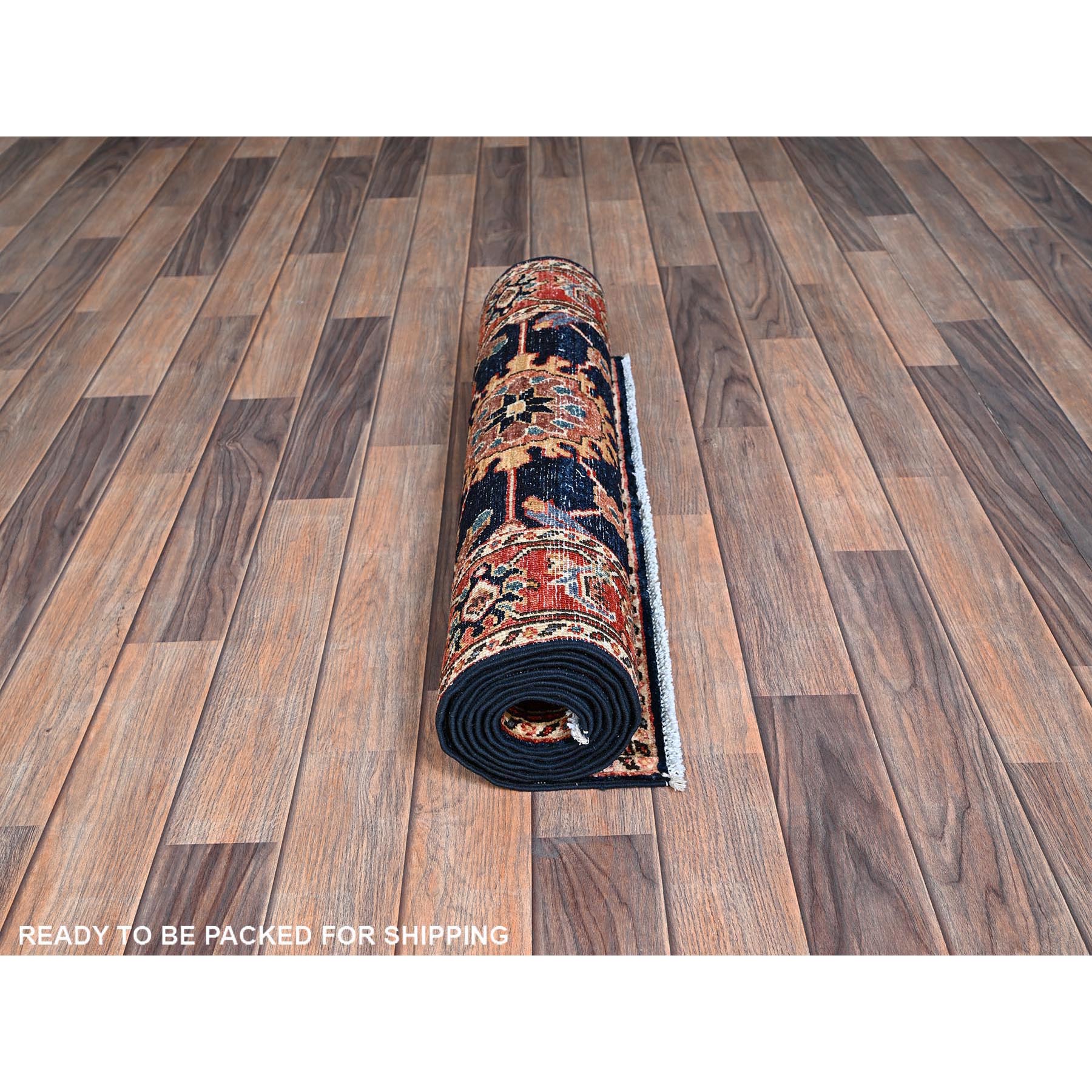 2'6"x7'10" Midnight Blue, Heriz All Over Design, Aryana Collection, Vegetable Dyes, Hand Knotted, Soft Pile, High Mountain Wool, Densely Woven, Runner, Oriental Rug Sh1128