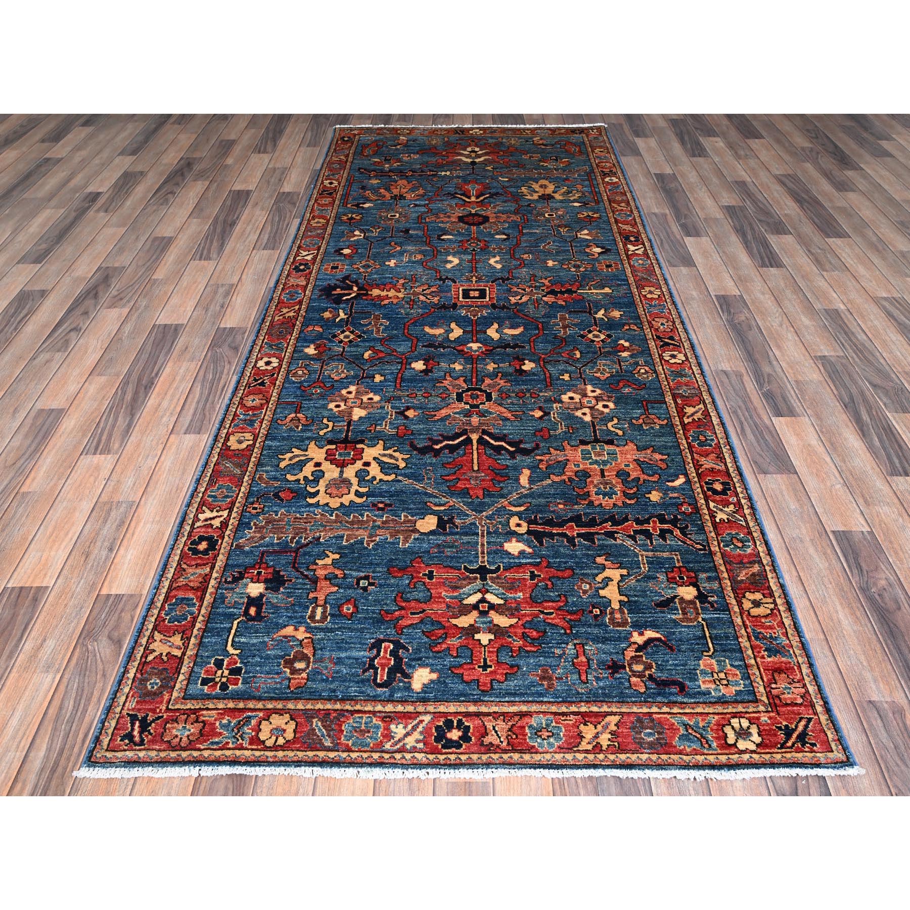 4'2"x10' Sailor Blue, Heriz All Over Design, Aryana Collection, Vegetable Dyes, Hand Knotted, Soft Pile, High Mountain Wool, Densely Woven, Wide Runner, Oriental Rug Sh1129