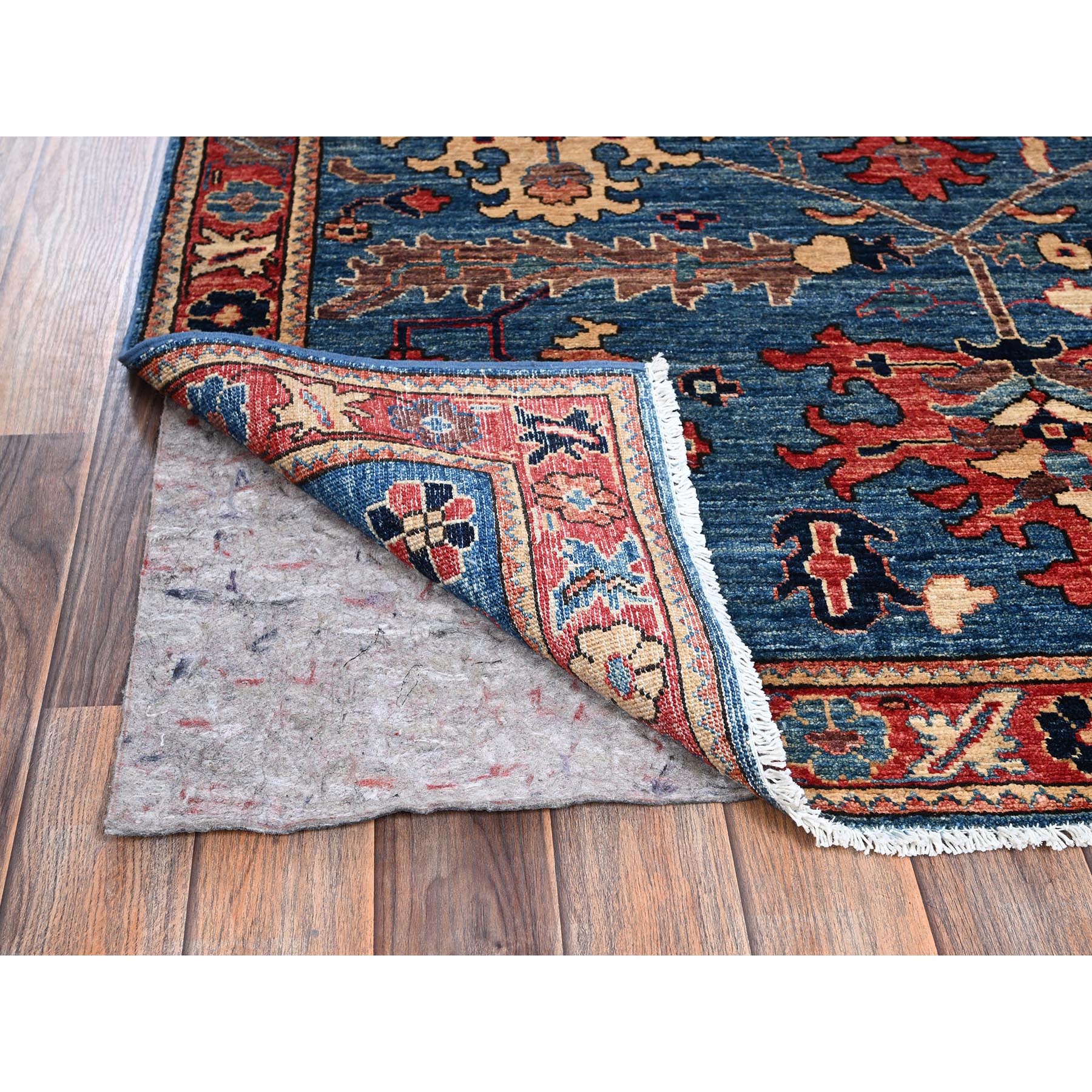4'2"x10' Sailor Blue, Heriz All Over Design, Aryana Collection, Vegetable Dyes, Hand Knotted, Soft Pile, High Mountain Wool, Densely Woven, Wide Runner, Oriental Rug Sh1129