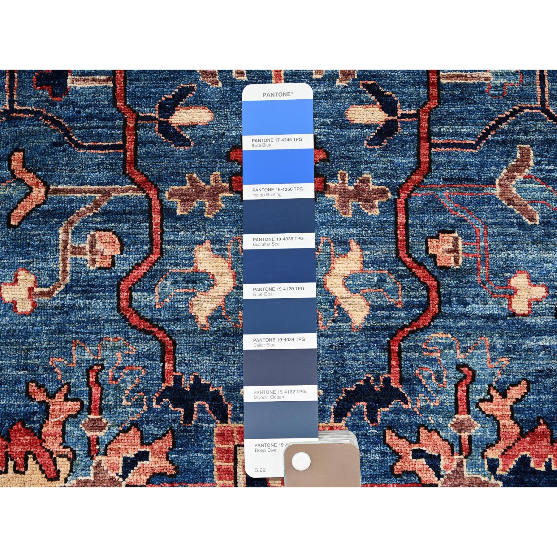 4'2"x10' Sailor Blue, Heriz All Over Design, Aryana Collection, Vegetable Dyes, Hand Knotted, Soft Pile, High Mountain Wool, Densely Woven, Wide Runner, Oriental Rug Sh1129
