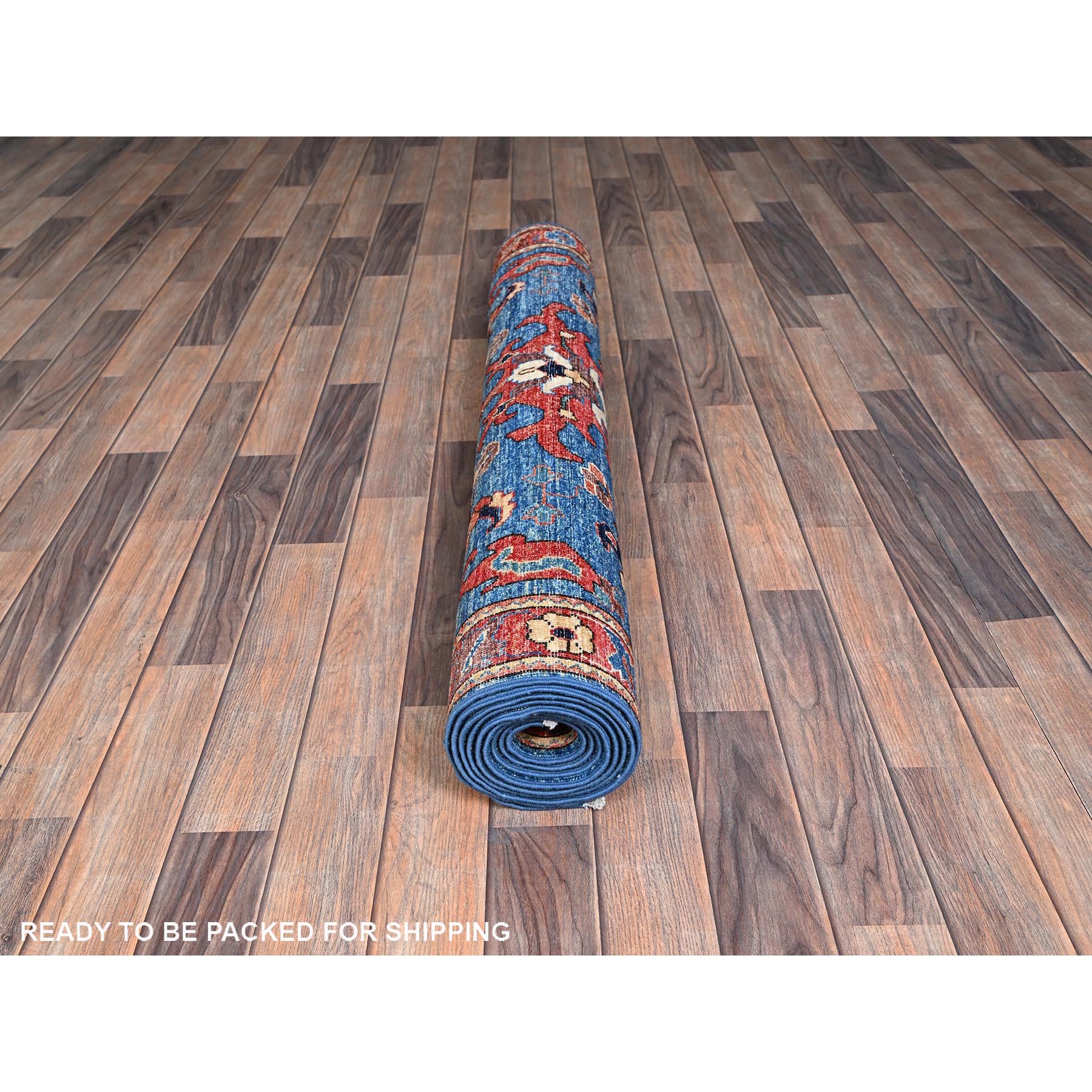 4'2"x10' Sailor Blue, Heriz All Over Design, Aryana Collection, Vegetable Dyes, Hand Knotted, Soft Pile, High Mountain Wool, Densely Woven, Wide Runner, Oriental Rug Sh1129