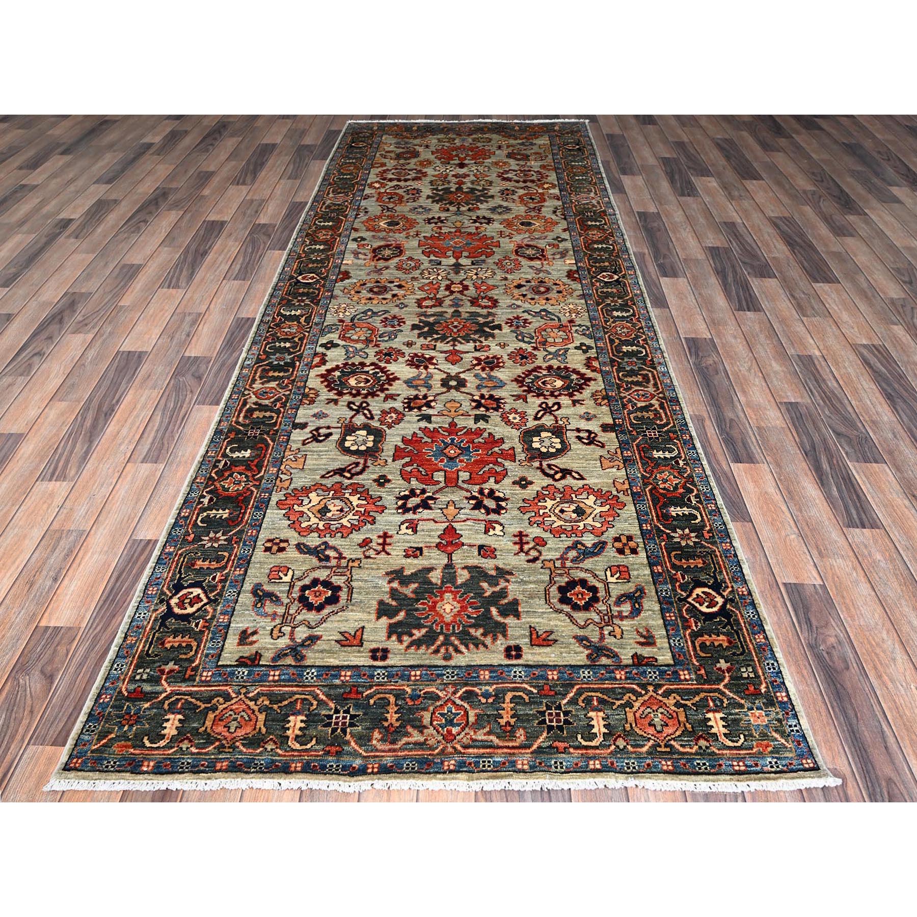 4'2"x11'9" Light Green, Heriz All Over Design, Aryana Collection, Vegetable Dyes, Hand Knotted, Soft Pile, High Mountain Wool, Densely Woven, Wide Runner, Oriental Rug Sh1130