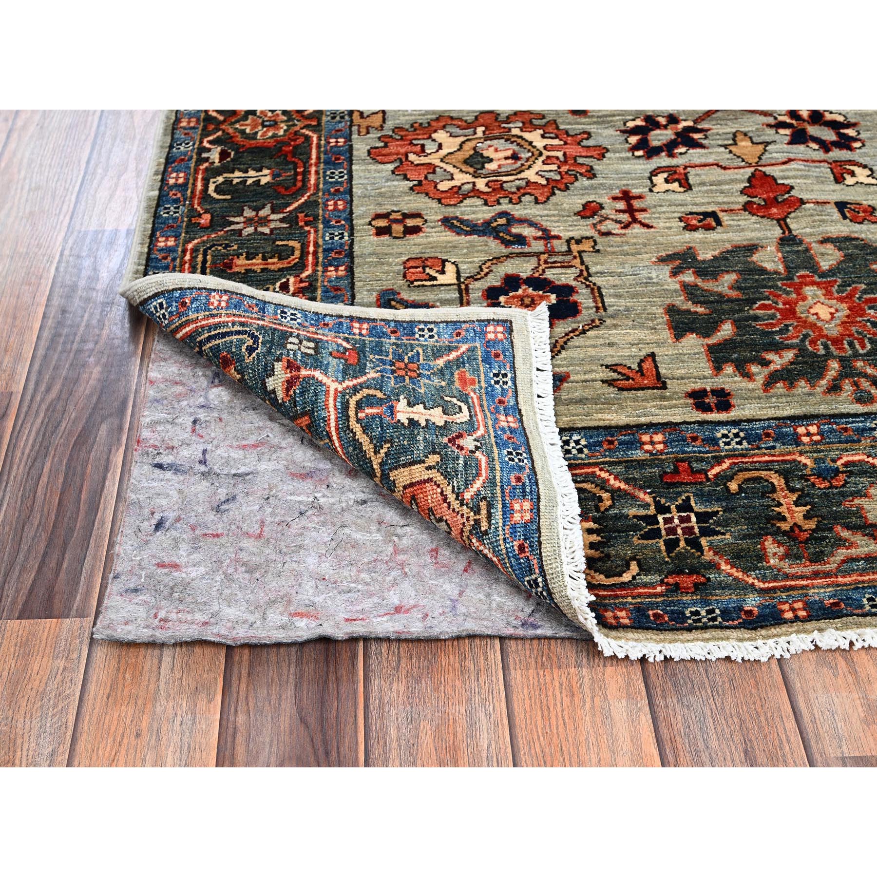 4'2"x11'9" Light Green, Heriz All Over Design, Aryana Collection, Vegetable Dyes, Hand Knotted, Soft Pile, High Mountain Wool, Densely Woven, Wide Runner, Oriental Rug Sh1130