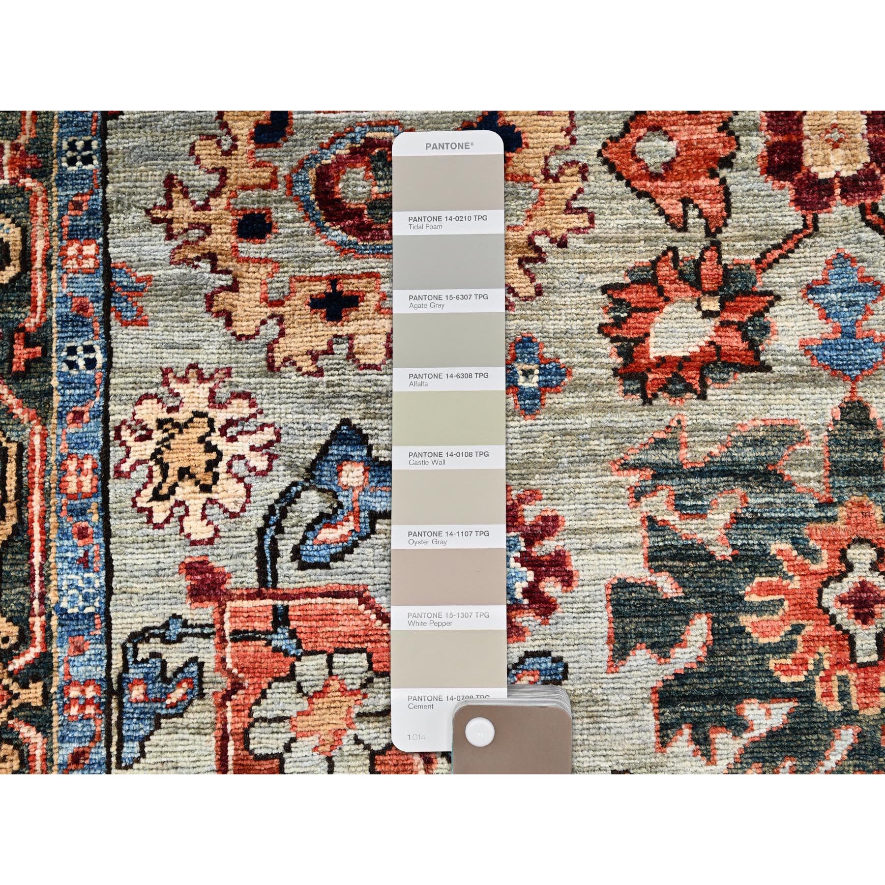 4'2"x11'9" Light Green, Heriz All Over Design, Aryana Collection, Vegetable Dyes, Hand Knotted, Soft Pile, High Mountain Wool, Densely Woven, Wide Runner, Oriental Rug Sh1130