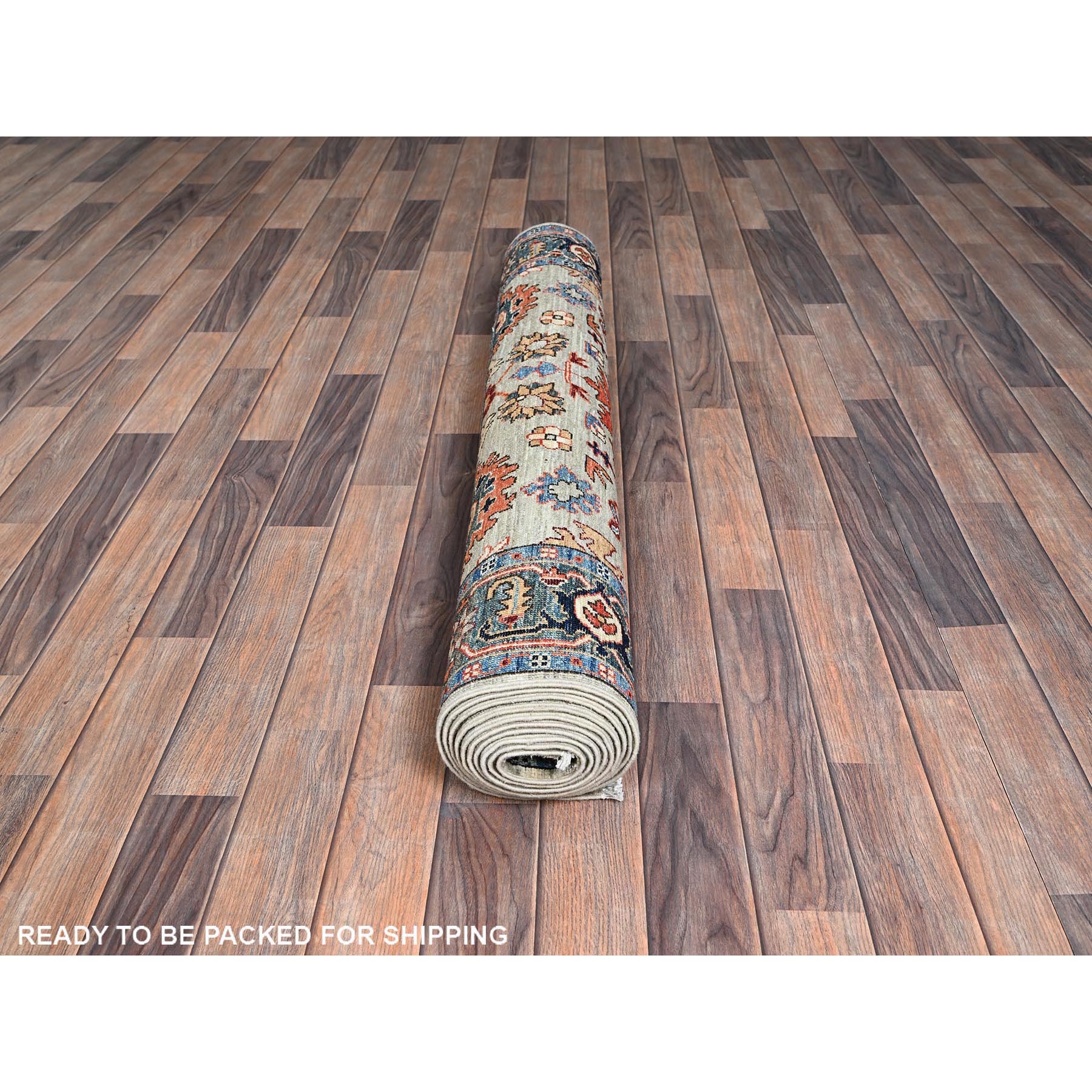 4'2"x11'9" Light Green, Heriz All Over Design, Aryana Collection, Vegetable Dyes, Hand Knotted, Soft Pile, High Mountain Wool, Densely Woven, Wide Runner, Oriental Rug Sh1130