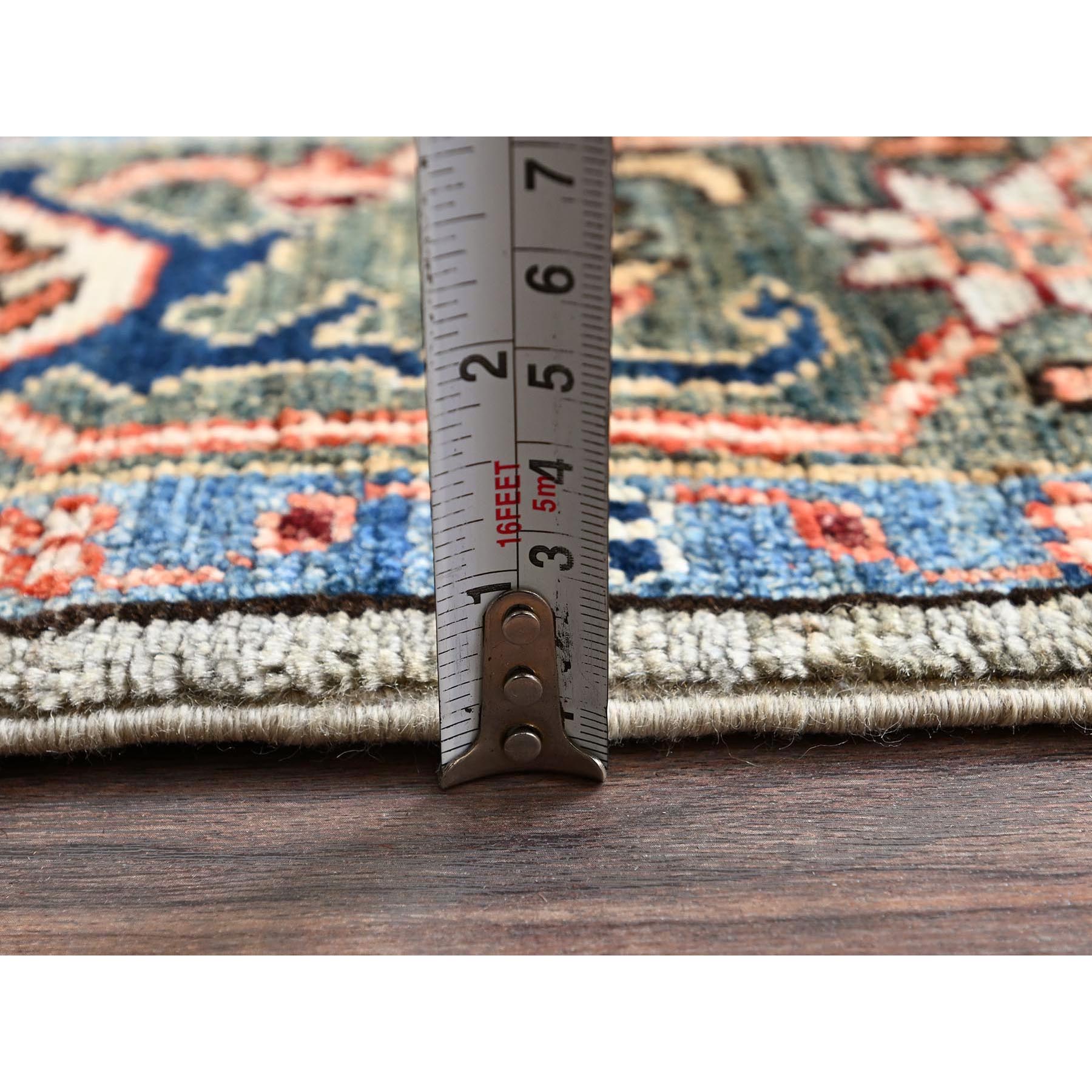 4'2"x11'9" Light Green, Heriz All Over Design, Aryana Collection, Vegetable Dyes, Hand Knotted, Soft Pile, High Mountain Wool, Densely Woven, Wide Runner, Oriental Rug Sh1130