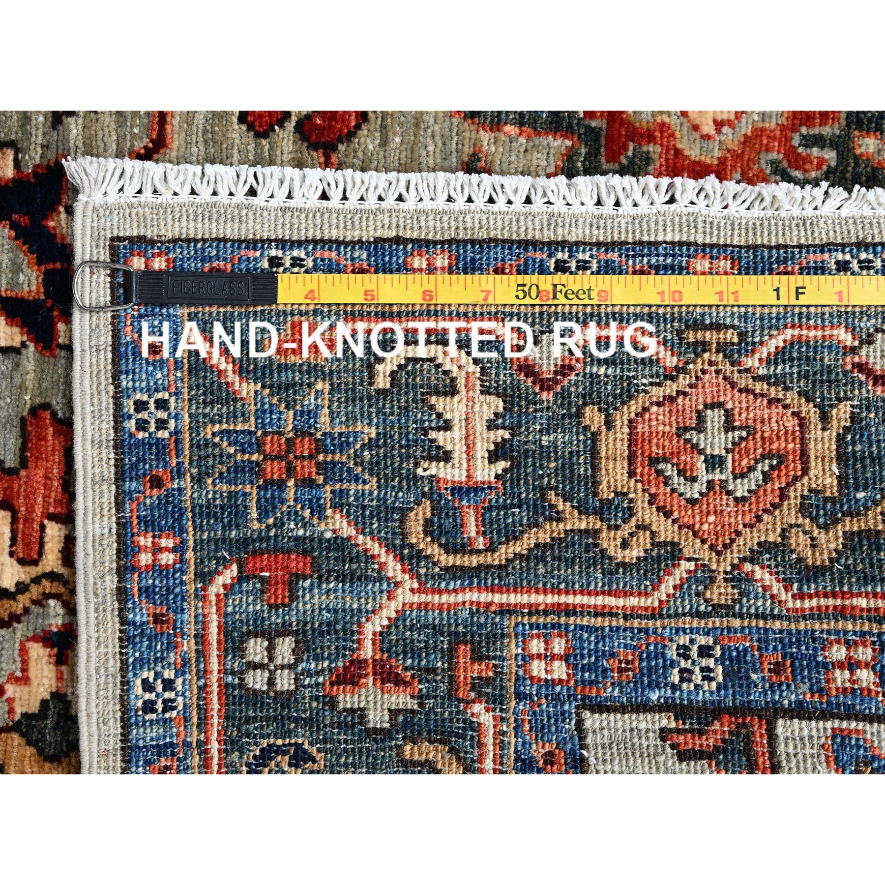 4'2"x11'9" Light Green, Heriz All Over Design, Aryana Collection, Vegetable Dyes, Hand Knotted, Soft Pile, High Mountain Wool, Densely Woven, Wide Runner, Oriental Rug Sh1130