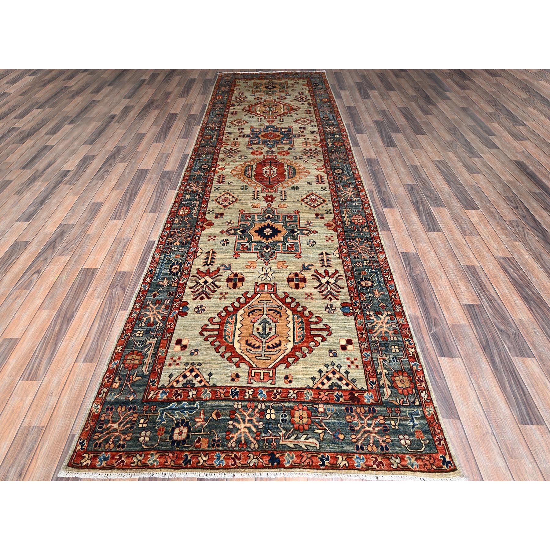 4'3"x13'1" Light Green, Karajeh with Tribal Medallions Design, Aryana Collection, Vegetable Dyes, High Mountain Wool, Soft Pile, Hand Knotted, Densely Woven, Wide Runner, Oriental Rug Sh1131