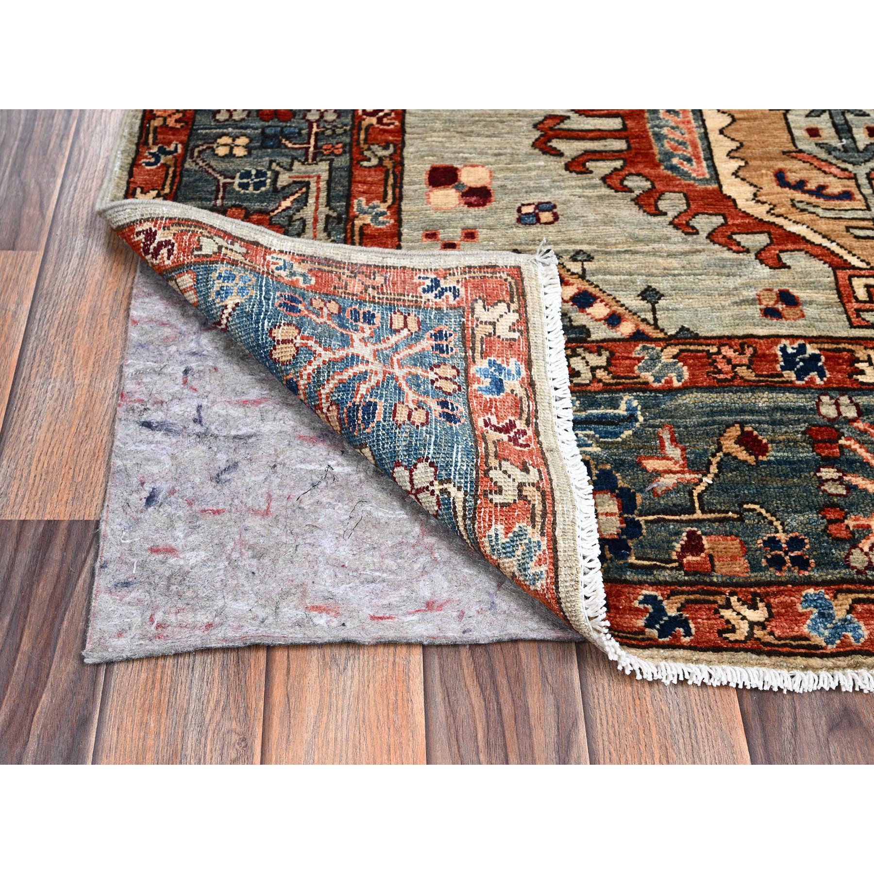 4'3"x13'1" Light Green, Karajeh with Tribal Medallions Design, Aryana Collection, Vegetable Dyes, High Mountain Wool, Soft Pile, Hand Knotted, Densely Woven, Wide Runner, Oriental Rug Sh1131