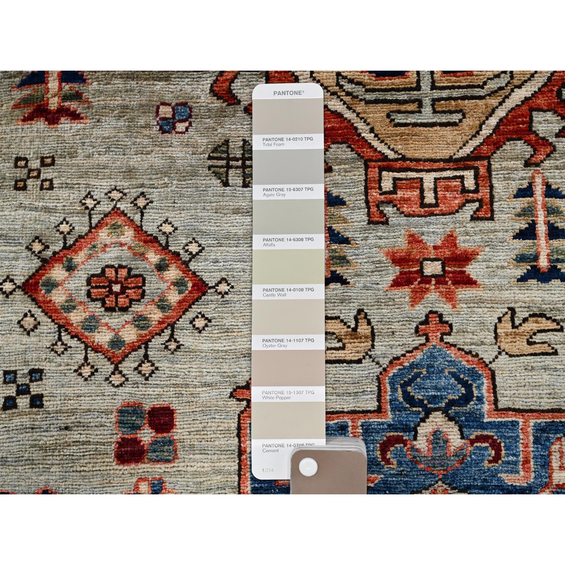 4'3"x13'1" Light Green, Karajeh with Tribal Medallions Design, Aryana Collection, Vegetable Dyes, High Mountain Wool, Soft Pile, Hand Knotted, Densely Woven, Wide Runner, Oriental Rug Sh1131