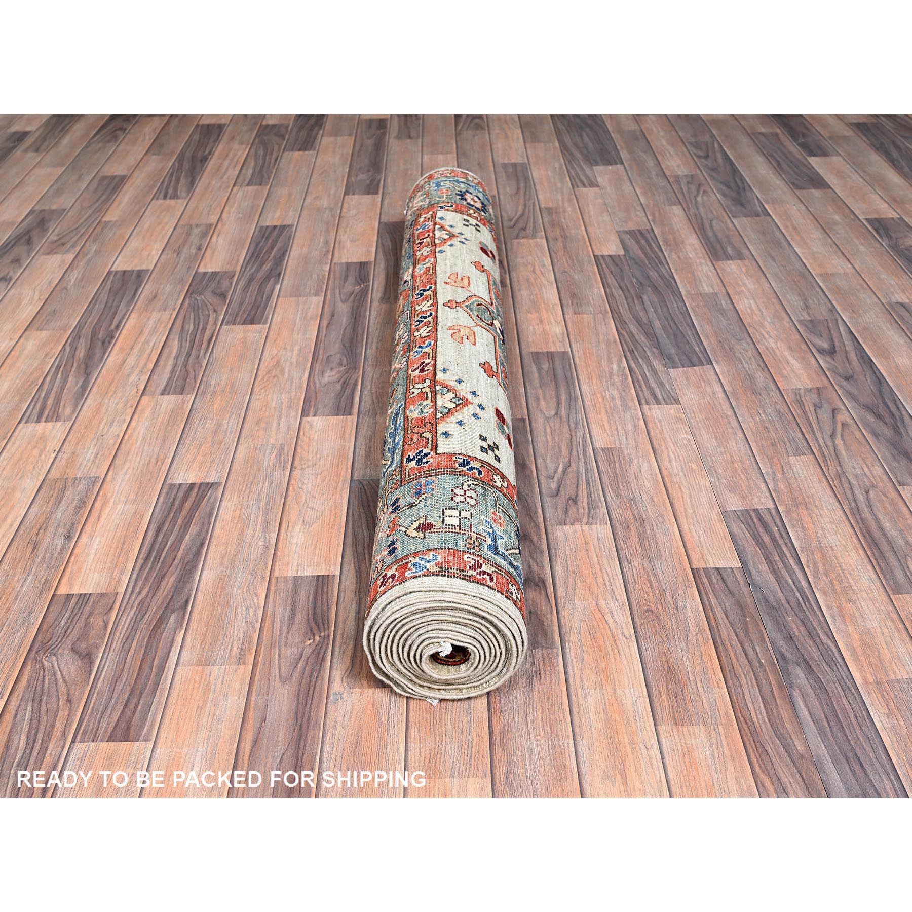 4'3"x13'1" Light Green, Karajeh with Tribal Medallions Design, Aryana Collection, Vegetable Dyes, High Mountain Wool, Soft Pile, Hand Knotted, Densely Woven, Wide Runner, Oriental Rug Sh1131