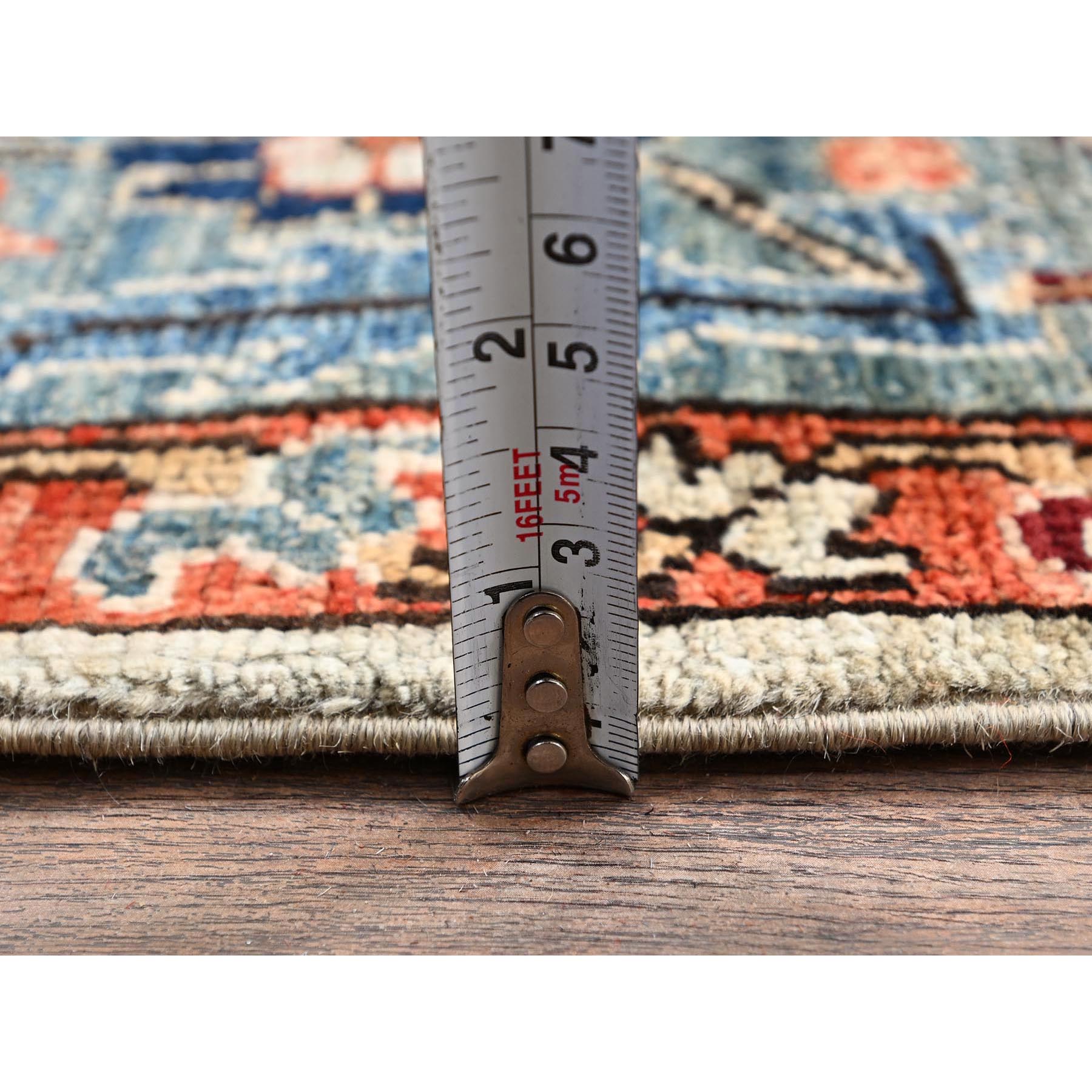 4'3"x13'1" Light Green, Karajeh with Tribal Medallions Design, Aryana Collection, Vegetable Dyes, High Mountain Wool, Soft Pile, Hand Knotted, Densely Woven, Wide Runner, Oriental Rug Sh1131