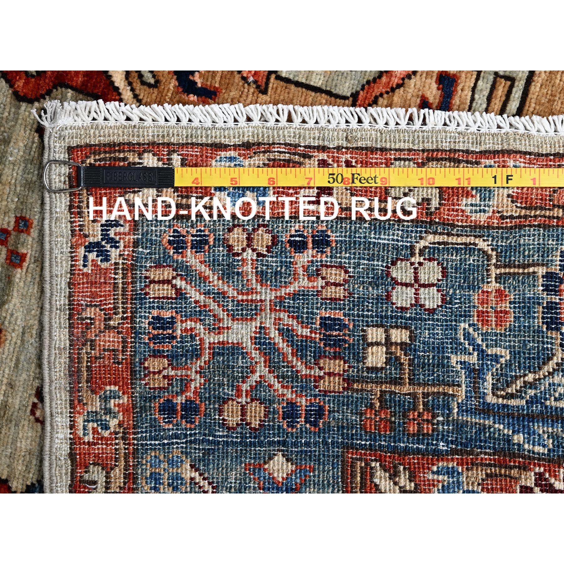 4'3"x13'1" Light Green, Karajeh with Tribal Medallions Design, Aryana Collection, Vegetable Dyes, High Mountain Wool, Soft Pile, Hand Knotted, Densely Woven, Wide Runner, Oriental Rug Sh1131