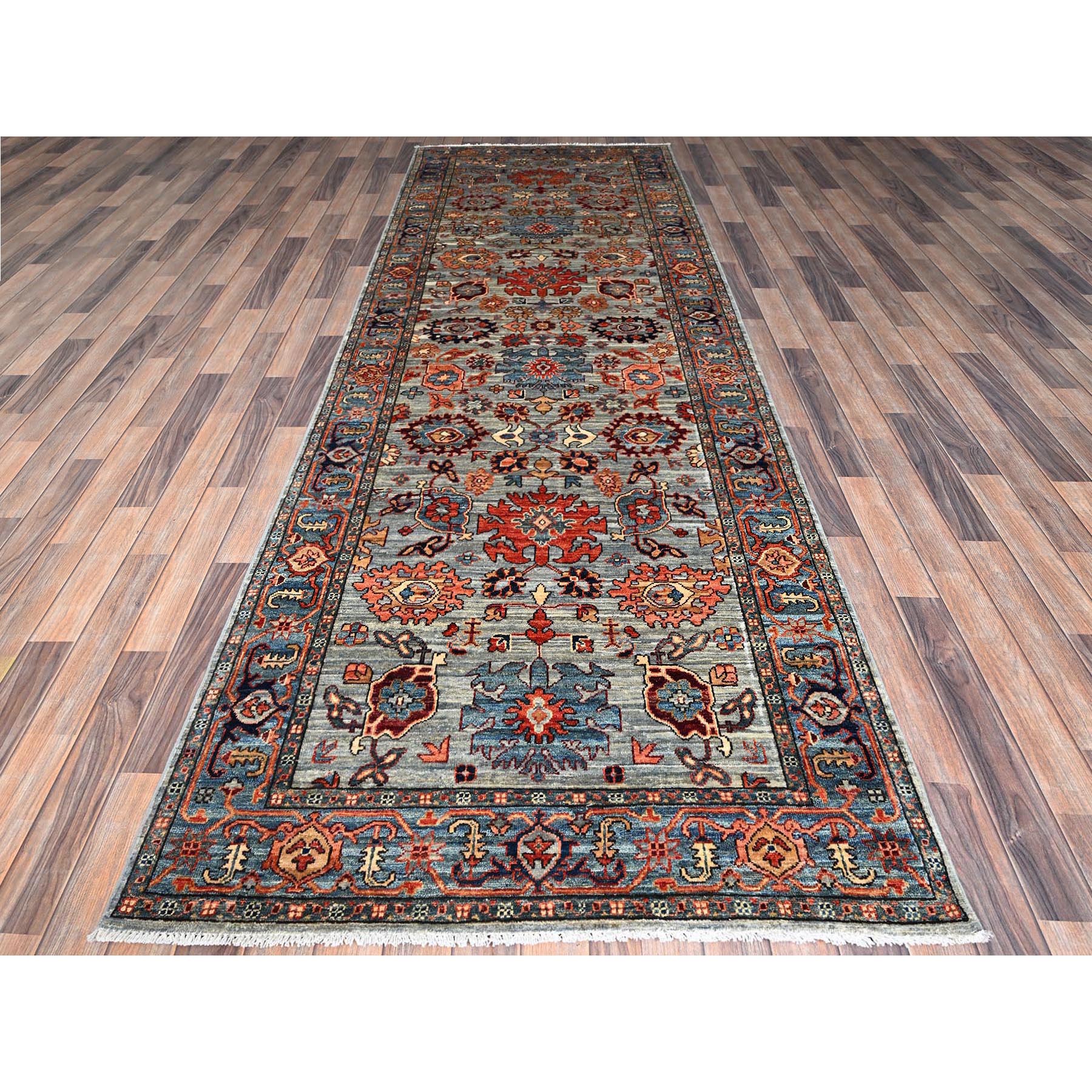 4'1"x11'9" Agate Gray, Heriz All Over Design, Aryana Collection, Vegetable Dyes, Hand Knotted, Soft Pile, High Mountain Wool, Densely Woven, Wide Runner, Oriental Rug Sh1132