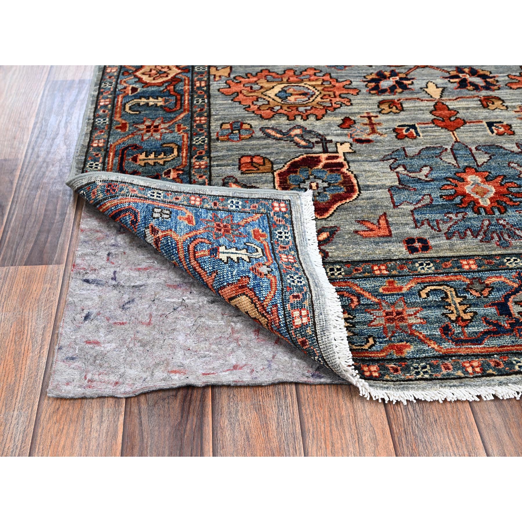4'1"x11'9" Agate Gray, Heriz All Over Design, Aryana Collection, Vegetable Dyes, Hand Knotted, Soft Pile, High Mountain Wool, Densely Woven, Wide Runner, Oriental Rug Sh1132