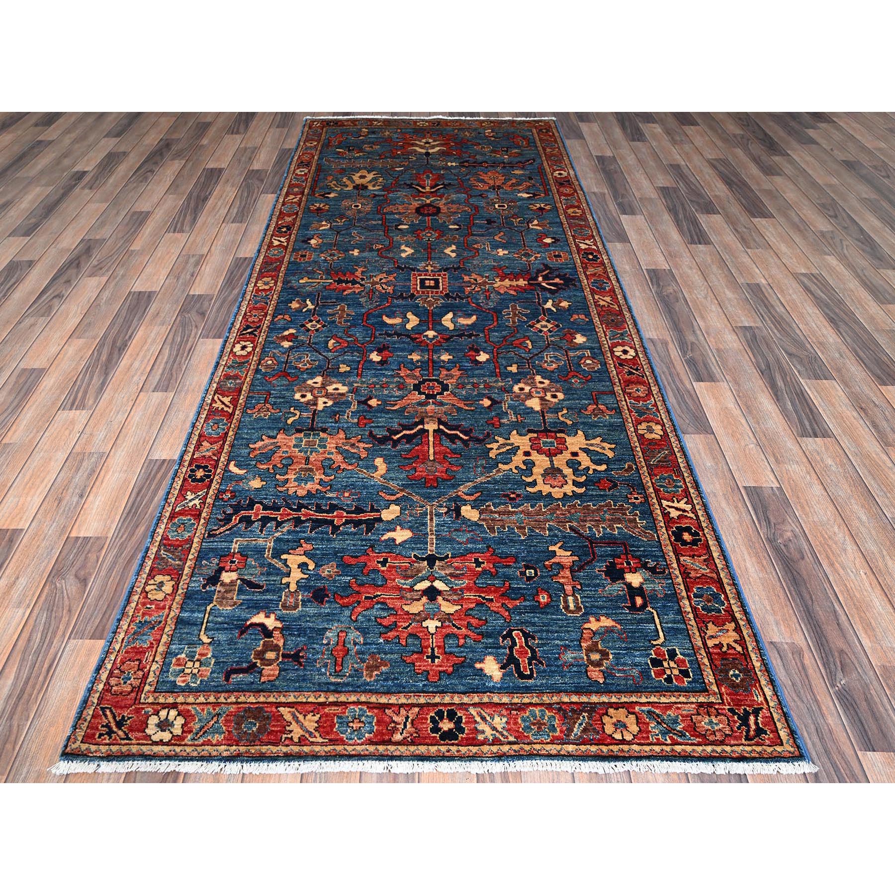 4'1"x10' Denim Blue, Heriz All Over Design, Aryana Collection, Vegetable Dyes, Soft Pile, High Mountain Wool, Hand Knotted, Densely Woven, Wide Runner, Oriental Rug Sh1133