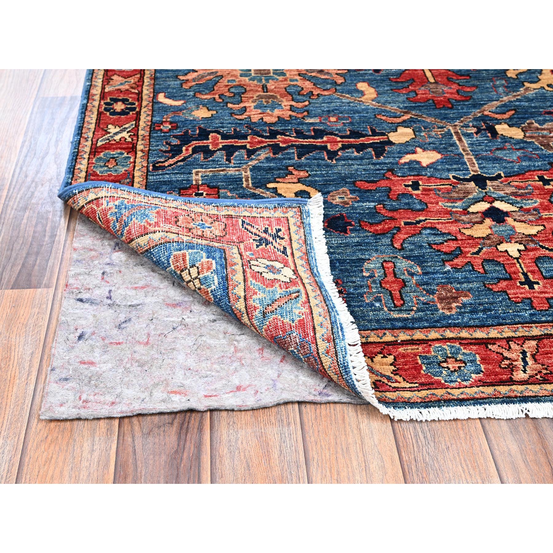 4'1"x10' Denim Blue, Heriz All Over Design, Aryana Collection, Vegetable Dyes, Soft Pile, High Mountain Wool, Hand Knotted, Densely Woven, Wide Runner, Oriental Rug Sh1133