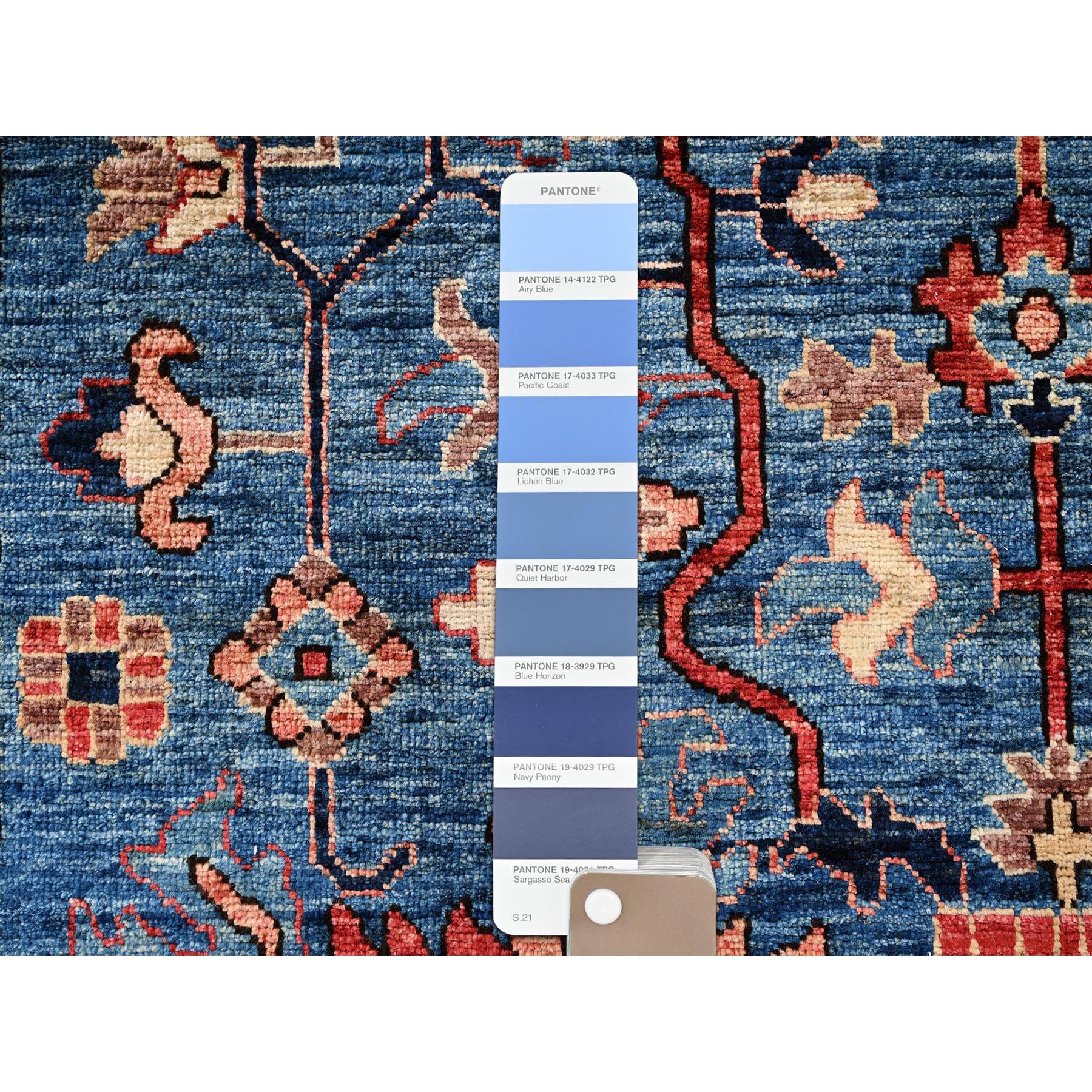 4'1"x10' Denim Blue, Heriz All Over Design, Aryana Collection, Vegetable Dyes, Soft Pile, High Mountain Wool, Hand Knotted, Densely Woven, Wide Runner, Oriental Rug Sh1133