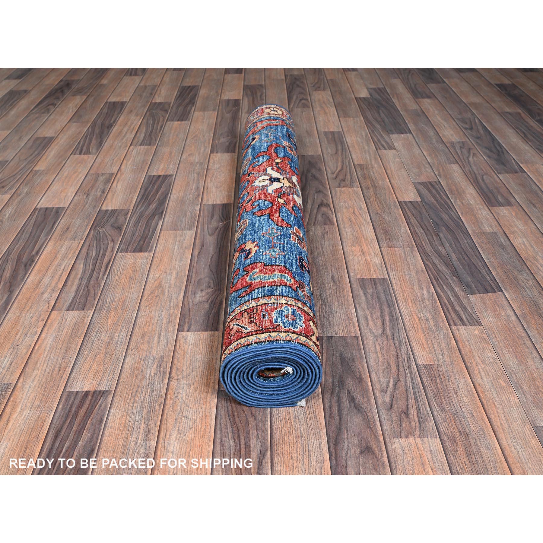 4'1"x10' Denim Blue, Heriz All Over Design, Aryana Collection, Vegetable Dyes, Soft Pile, High Mountain Wool, Hand Knotted, Densely Woven, Wide Runner, Oriental Rug Sh1133