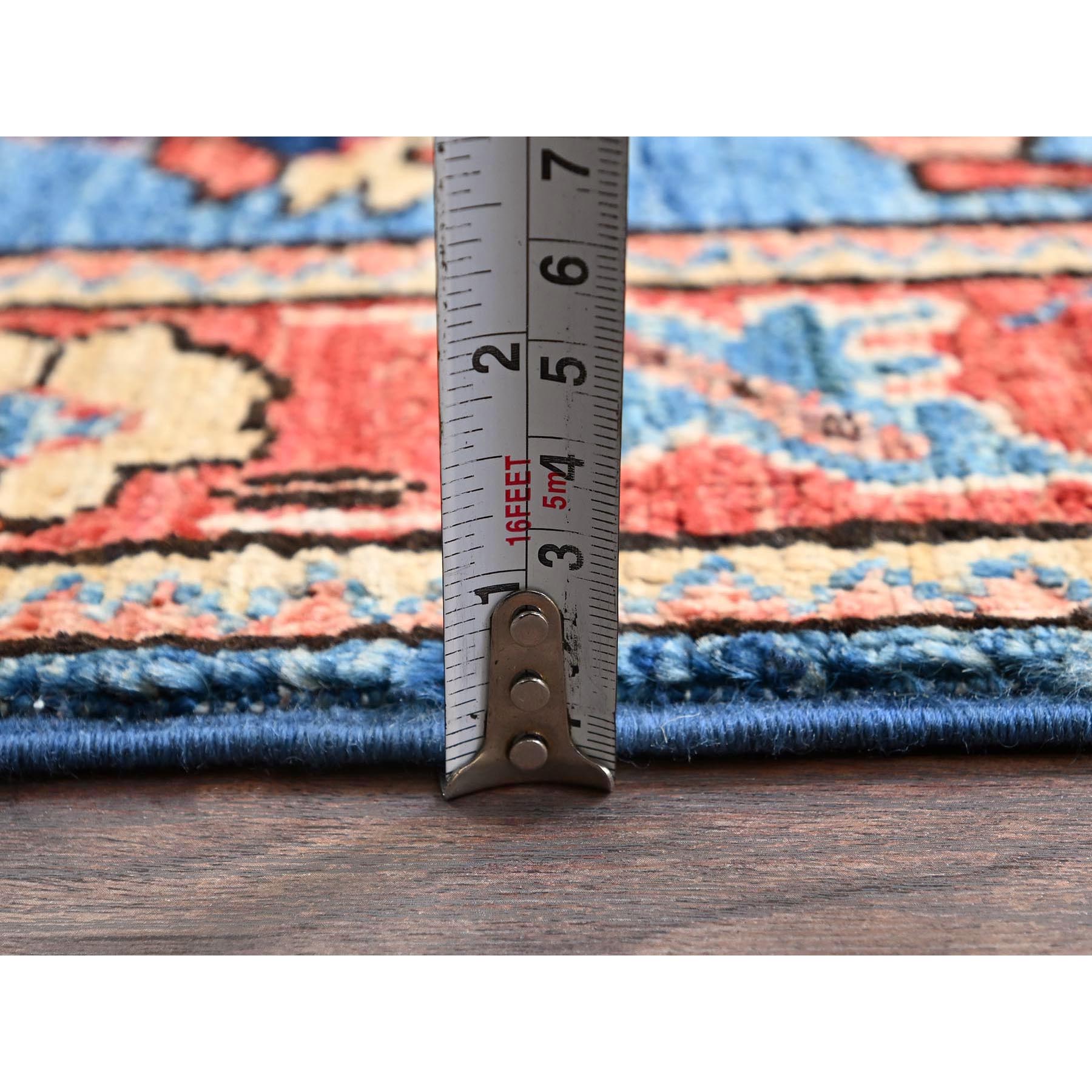 4'1"x10' Denim Blue, Heriz All Over Design, Aryana Collection, Vegetable Dyes, Soft Pile, High Mountain Wool, Hand Knotted, Densely Woven, Wide Runner, Oriental Rug Sh1133