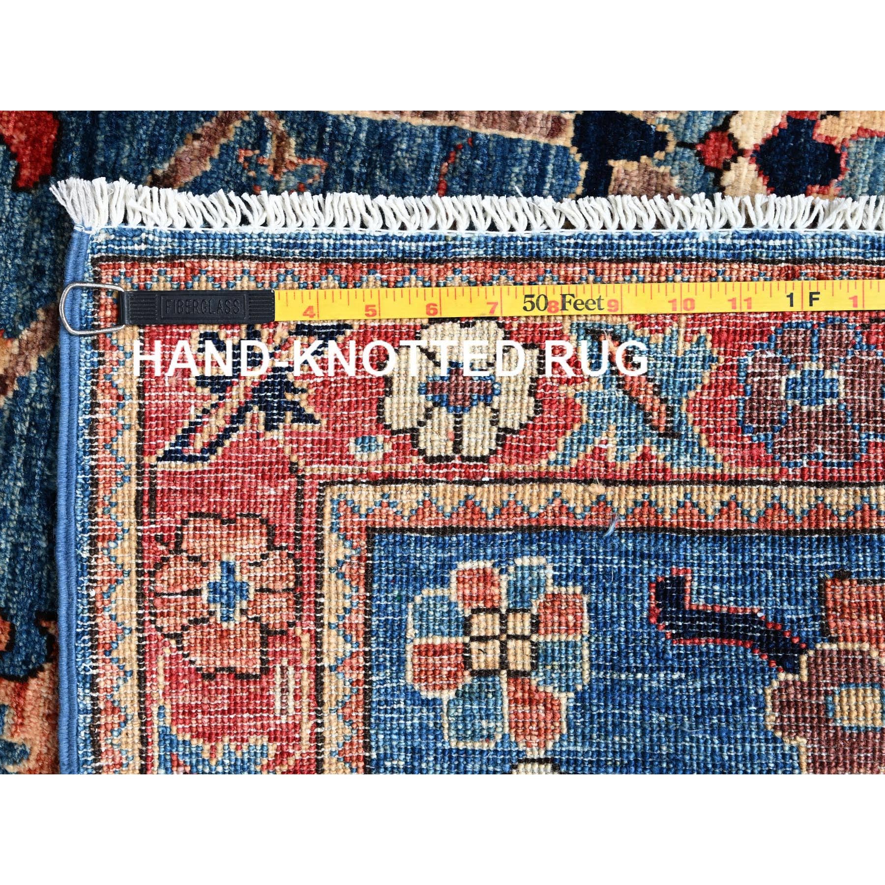 4'1"x10' Denim Blue, Heriz All Over Design, Aryana Collection, Vegetable Dyes, Soft Pile, High Mountain Wool, Hand Knotted, Densely Woven, Wide Runner, Oriental Rug Sh1133
