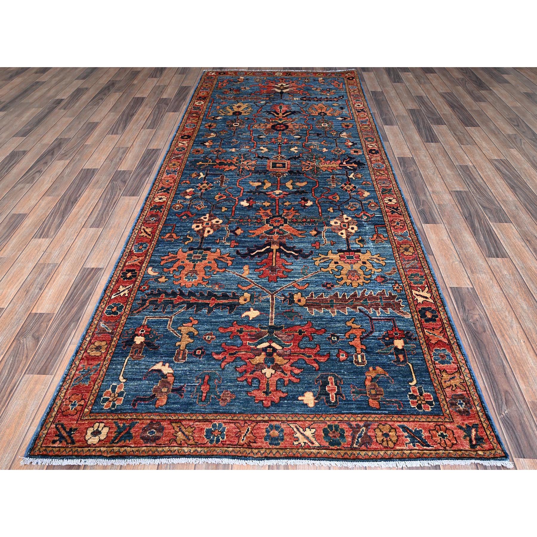 4'1"x9'10" Imperial Blue, Heriz All Over Design, Aryana Collection, Vegetable Dyes, Hand Knotted, Soft Pile, High Mountain Wool, Densely Woven, Wide Runner, Oriental Rug Sh1135