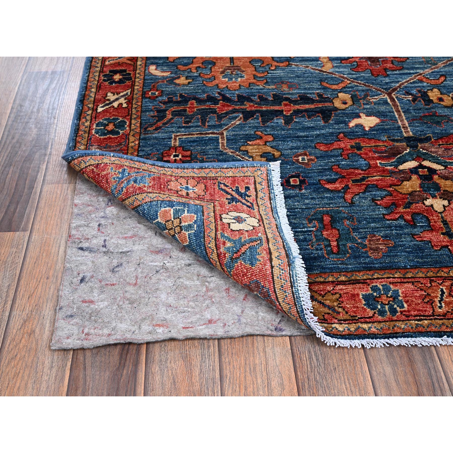 4'1"x9'10" Imperial Blue, Heriz All Over Design, Aryana Collection, Vegetable Dyes, Hand Knotted, Soft Pile, High Mountain Wool, Densely Woven, Wide Runner, Oriental Rug Sh1135