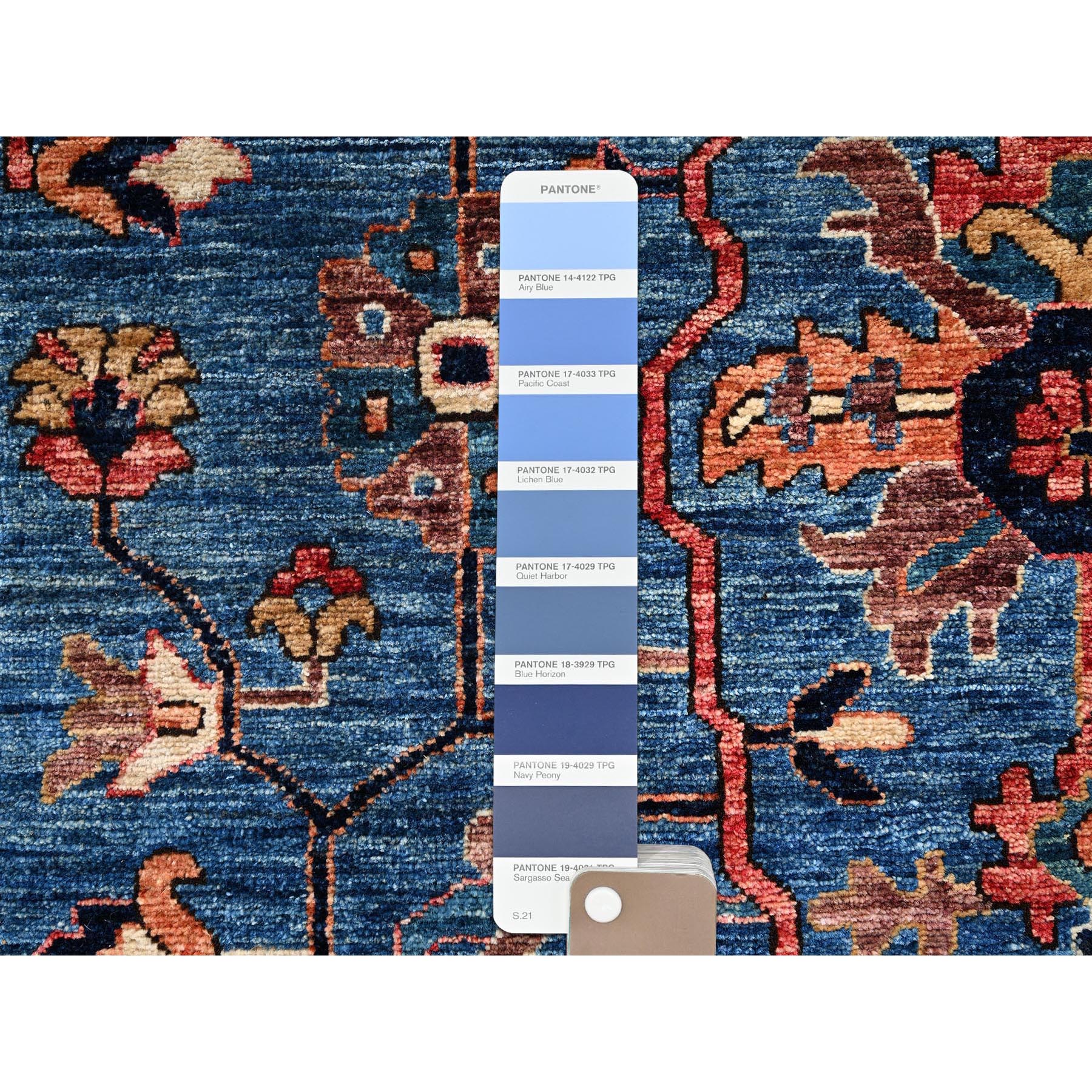 4'1"x9'10" Imperial Blue, Heriz All Over Design, Aryana Collection, Vegetable Dyes, Hand Knotted, Soft Pile, High Mountain Wool, Densely Woven, Wide Runner, Oriental Rug Sh1135
