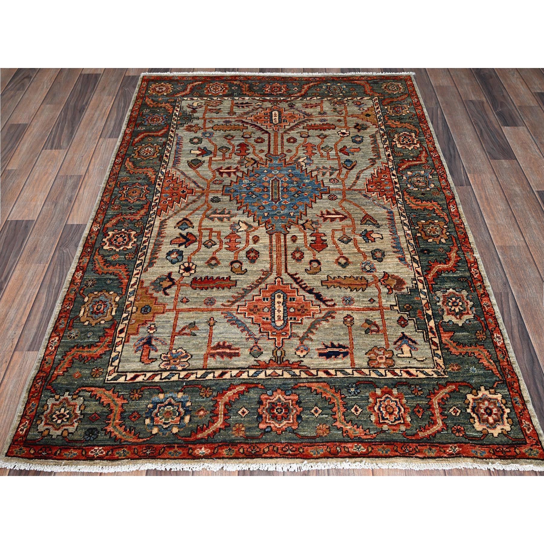3'10"x5'10" Light Green, Heriz All Over Design, Aryana Collection, Vegetable Dyes, Hand Knotted, Soft Pile, High Mountain Wool, Densely Woven, Oriental Rug Sh1136
