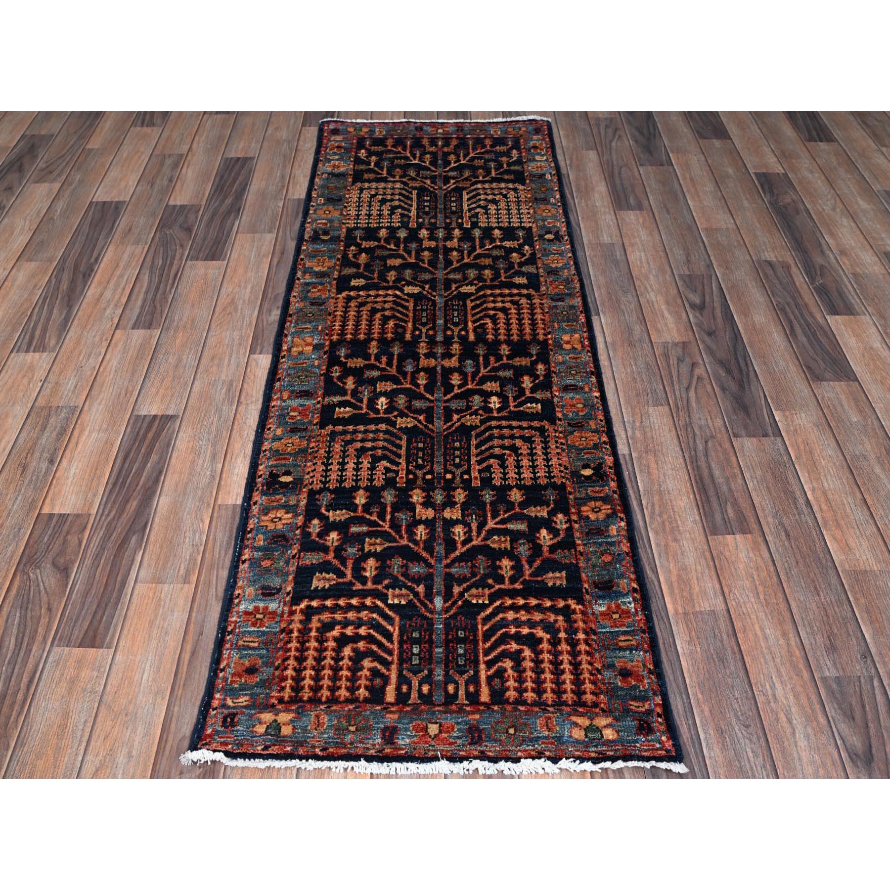 2'2"x6' Midnight Blue, Northwest Persian Willow Tree Design, Aryana Collection, Vegetable Dyes, Hand Knotted, Soft Pile, High Mountain Wool, Densely Woven, Short & Narrow Runner, Oriental Rug Sh1141