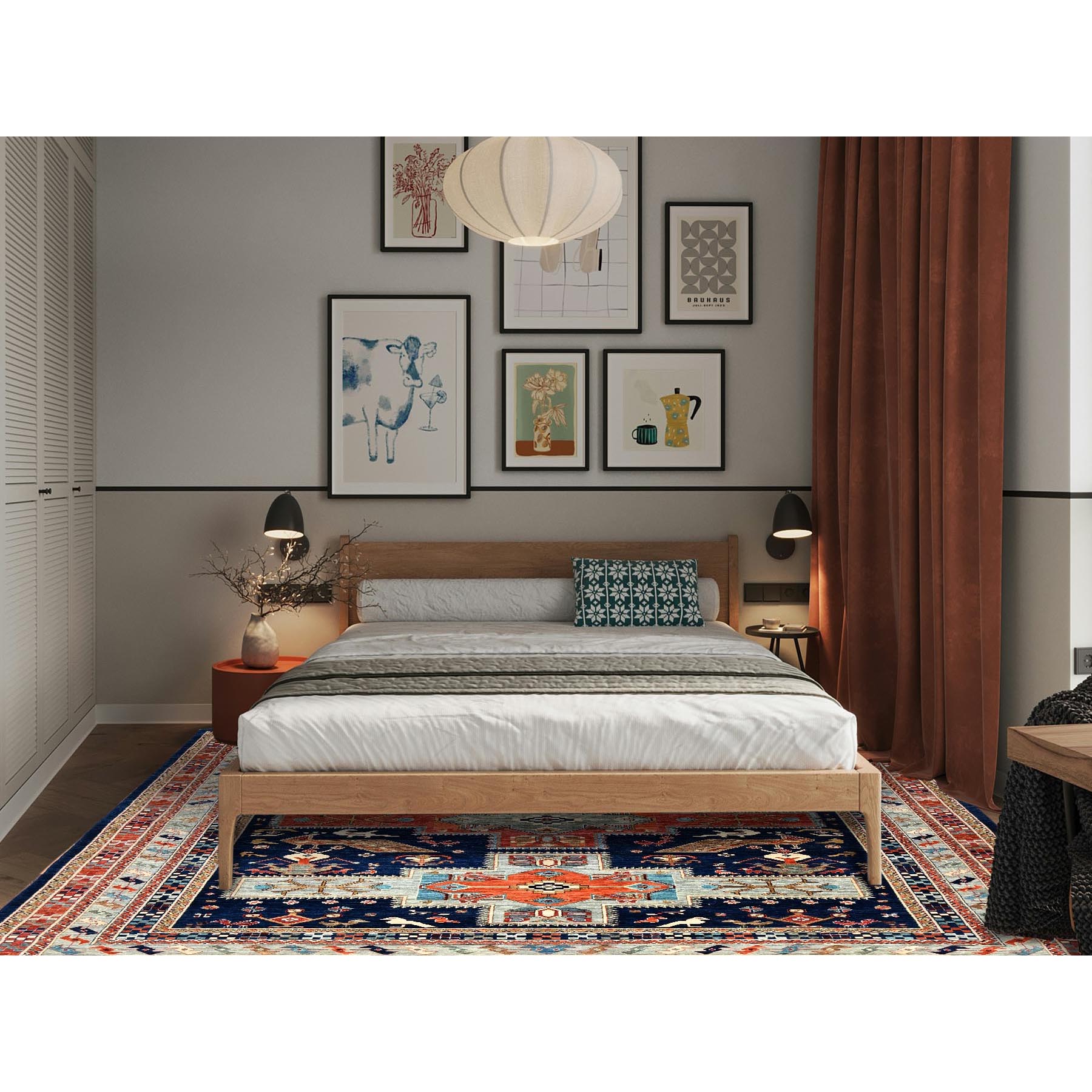 8'10"x11'6" Yale Blue, Armenian Inspired Caucasian Design, Small Bird Figurines, Velvety Wool, Densely Woven, 200 KPSI, Hand Knotted, Natural Dyes, Oriental Rug Sh1142
