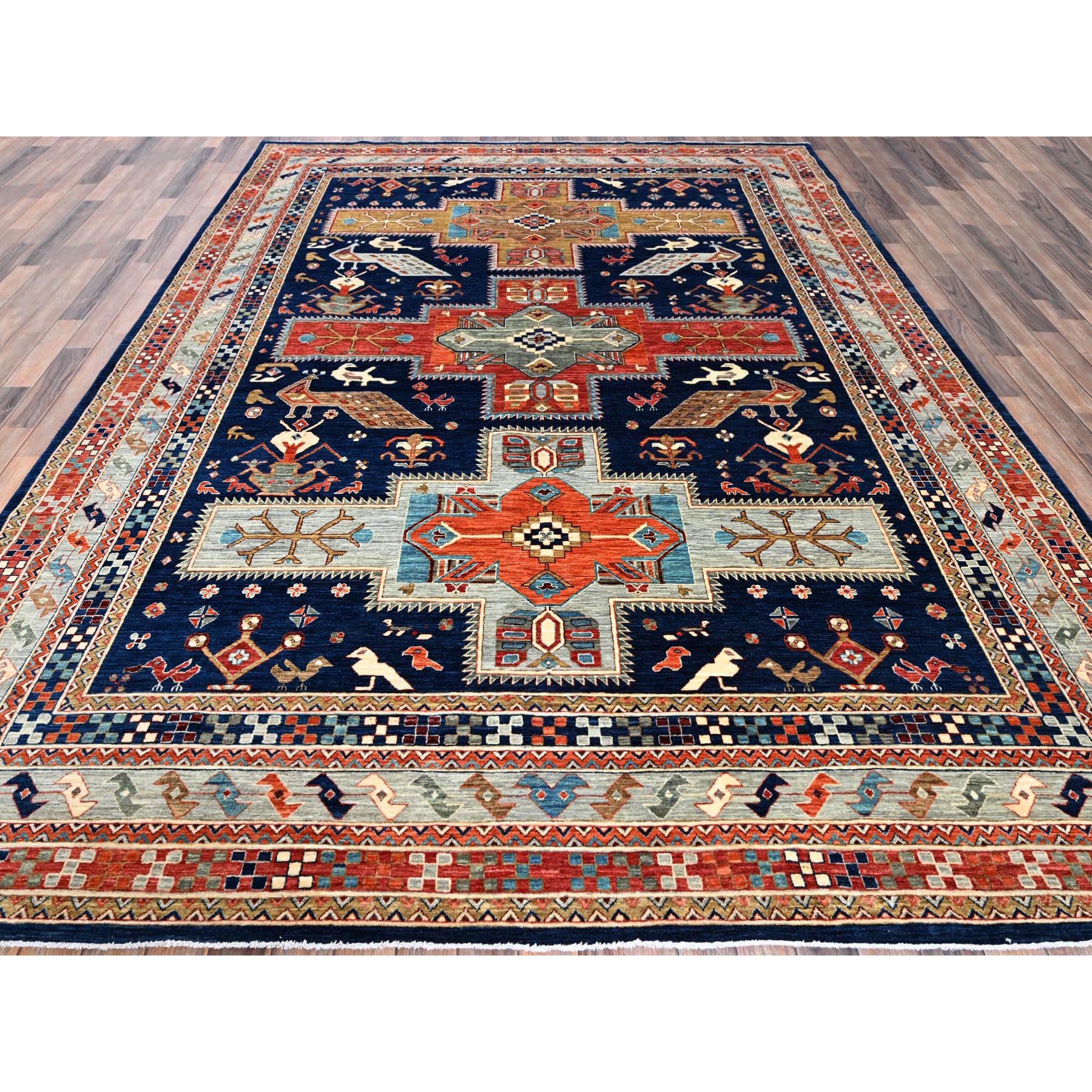 8'10"x11'6" Yale Blue, Armenian Inspired Caucasian Design, Small Bird Figurines, Velvety Wool, Densely Woven, 200 KPSI, Hand Knotted, Natural Dyes, Oriental Rug Sh1142