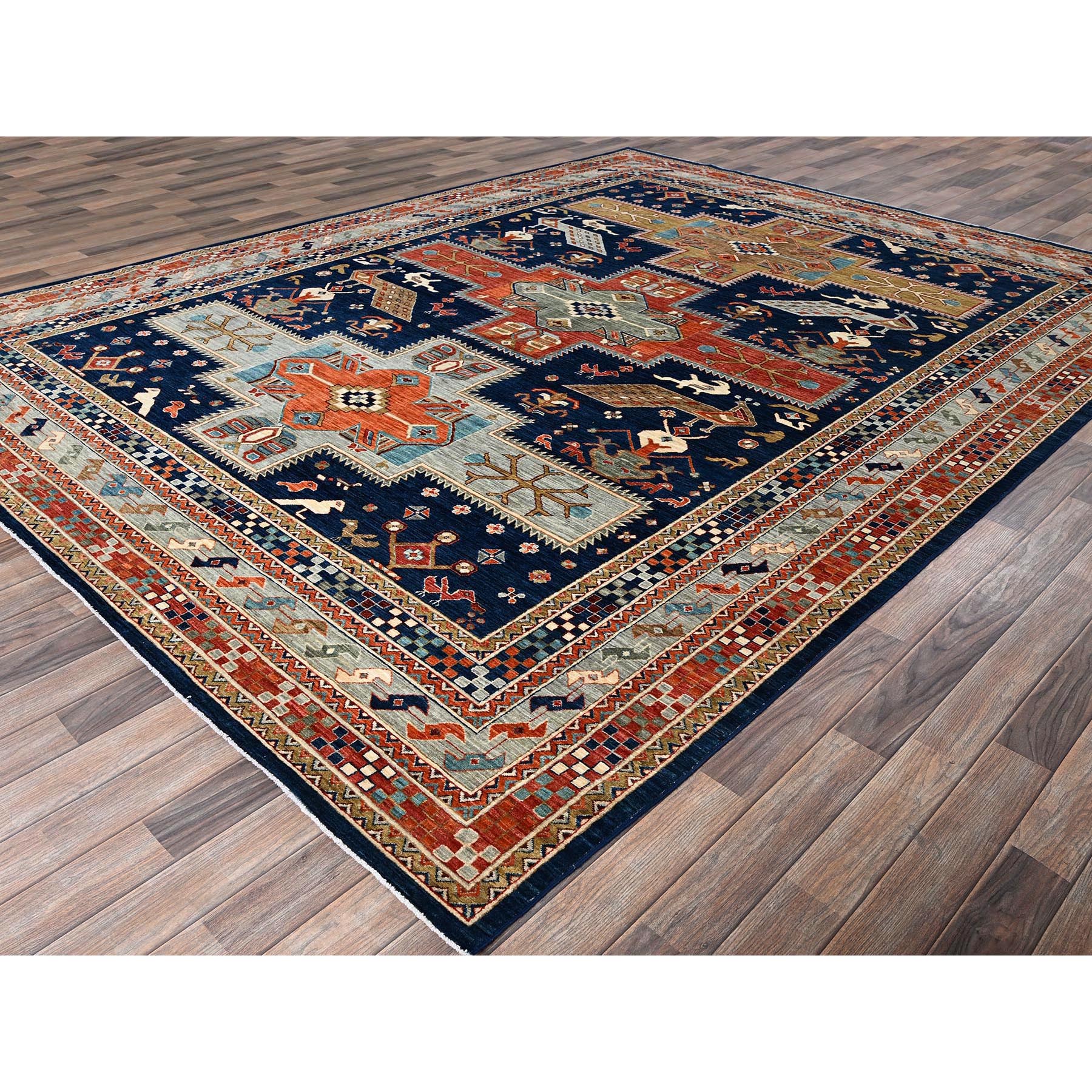 8'10"x11'6" Yale Blue, Armenian Inspired Caucasian Design, Small Bird Figurines, Velvety Wool, Densely Woven, 200 KPSI, Hand Knotted, Natural Dyes, Oriental Rug Sh1142