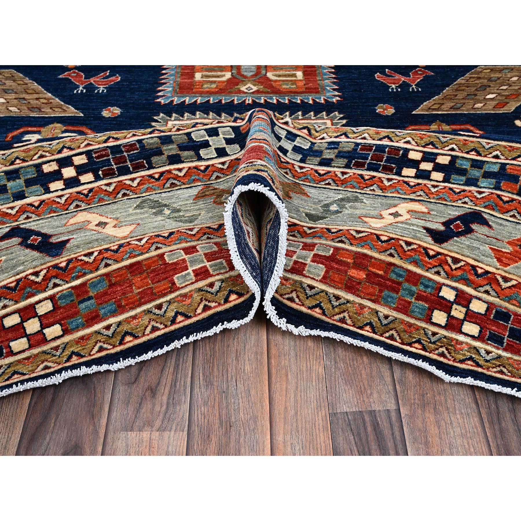 8'10"x11'6" Yale Blue, Armenian Inspired Caucasian Design, Small Bird Figurines, Velvety Wool, Densely Woven, 200 KPSI, Hand Knotted, Natural Dyes, Oriental Rug Sh1142