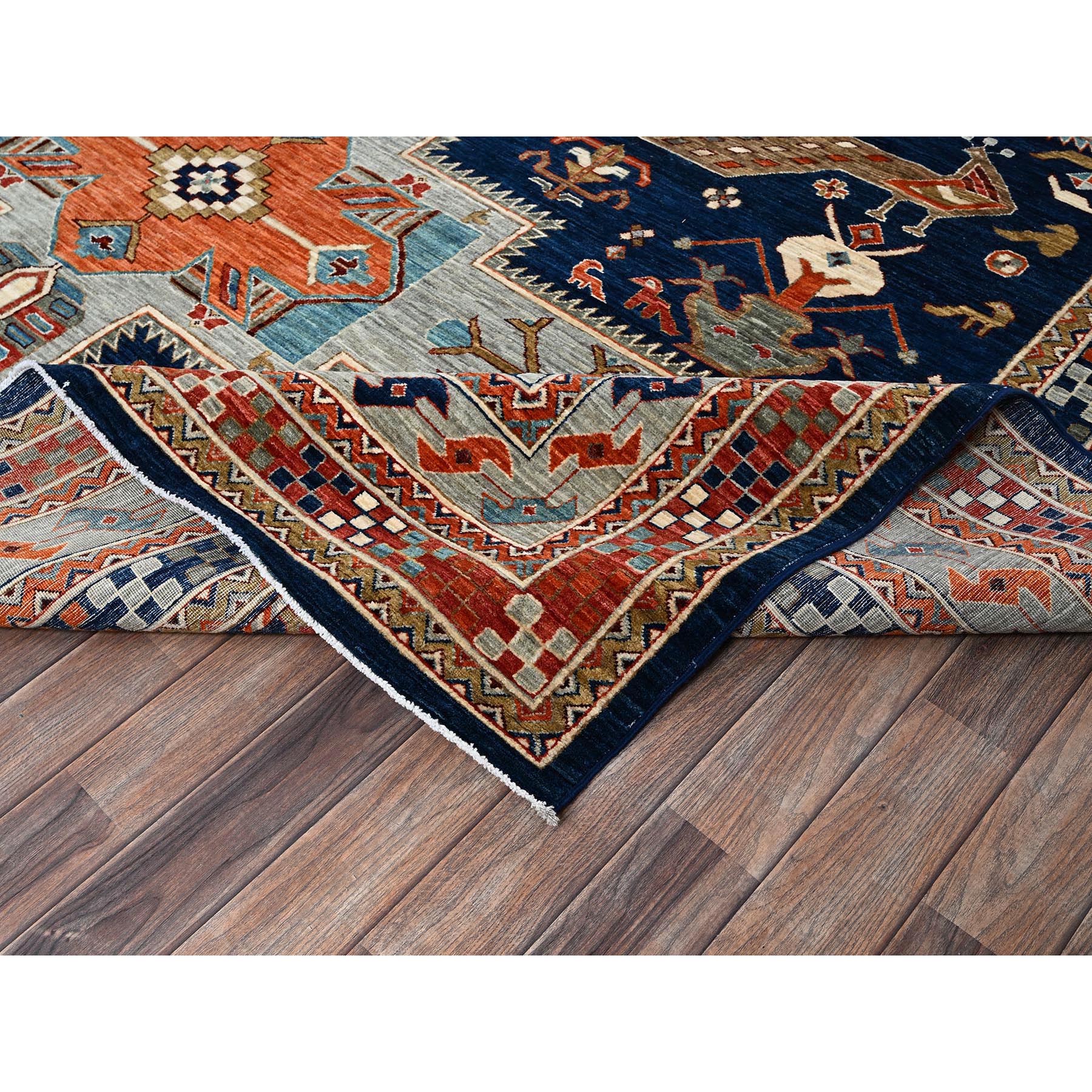 8'10"x11'6" Yale Blue, Armenian Inspired Caucasian Design, Small Bird Figurines, Velvety Wool, Densely Woven, 200 KPSI, Hand Knotted, Natural Dyes, Oriental Rug Sh1142