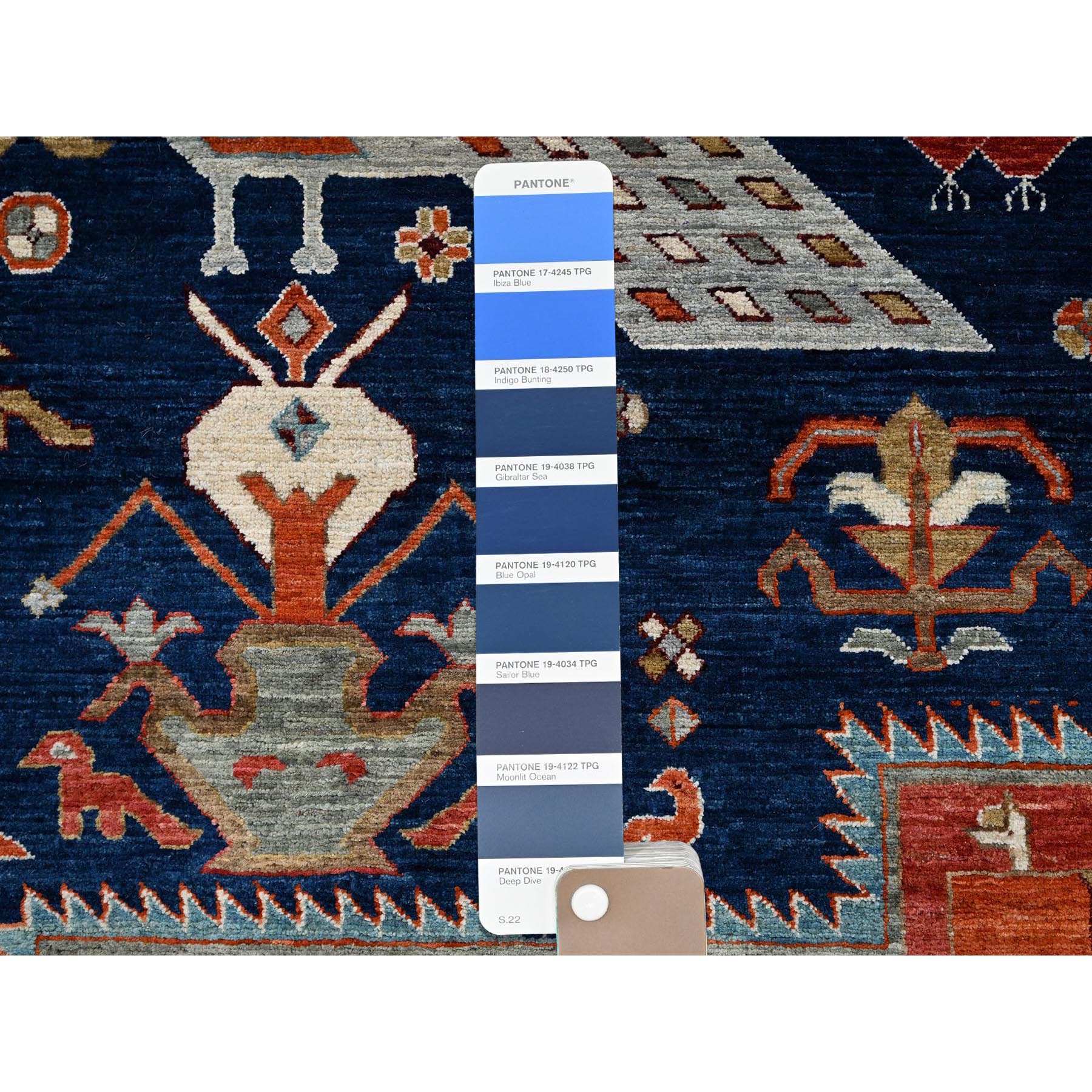 8'10"x11'6" Yale Blue, Armenian Inspired Caucasian Design, Small Bird Figurines, Velvety Wool, Densely Woven, 200 KPSI, Hand Knotted, Natural Dyes, Oriental Rug Sh1142