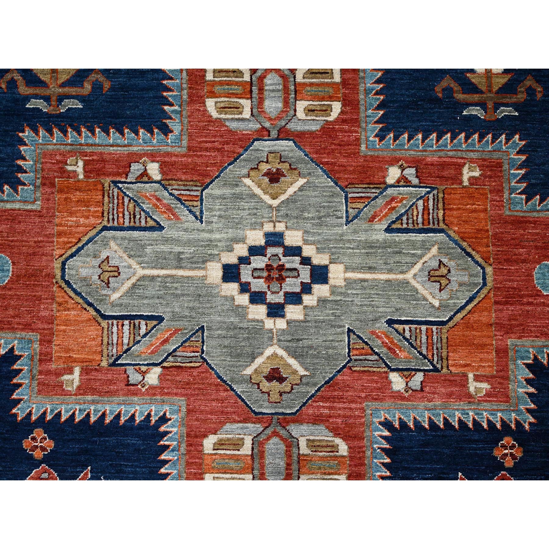 8'10"x11'6" Yale Blue, Armenian Inspired Caucasian Design, Small Bird Figurines, Velvety Wool, Densely Woven, 200 KPSI, Hand Knotted, Natural Dyes, Oriental Rug Sh1142