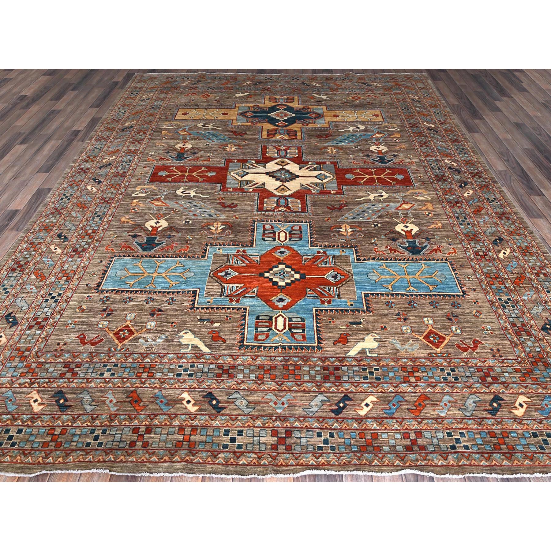 9'1"x11'6" Taupe Gray, Armenian Inspired Caucasian Design, Small Bird Figurines, Velvety Wool, Densely Woven, 200 KPSI, Hand Knotted, Natural Dyes, Oriental Rug Sh1143