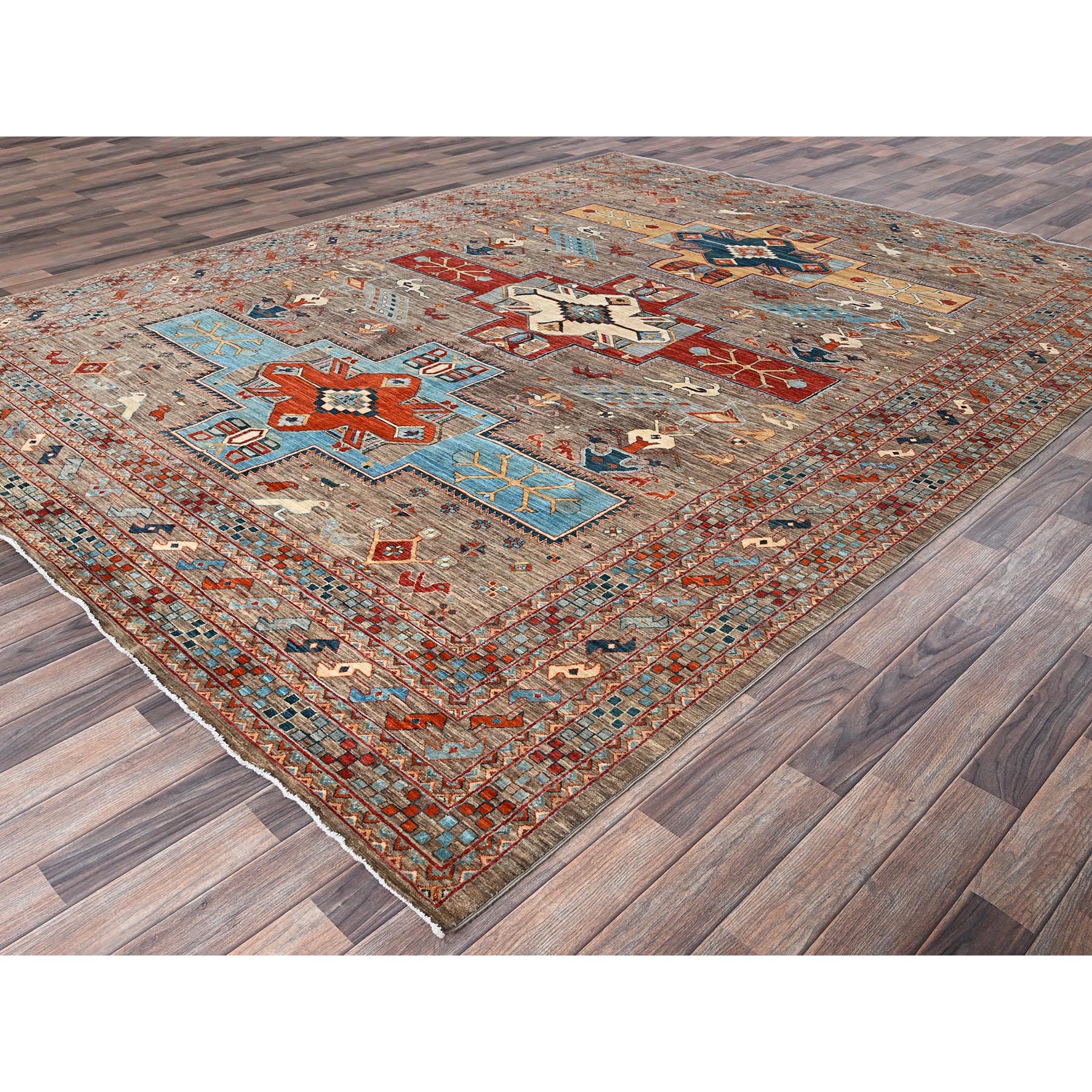 9'1"x11'6" Taupe Gray, Armenian Inspired Caucasian Design, Small Bird Figurines, Velvety Wool, Densely Woven, 200 KPSI, Hand Knotted, Natural Dyes, Oriental Rug Sh1143